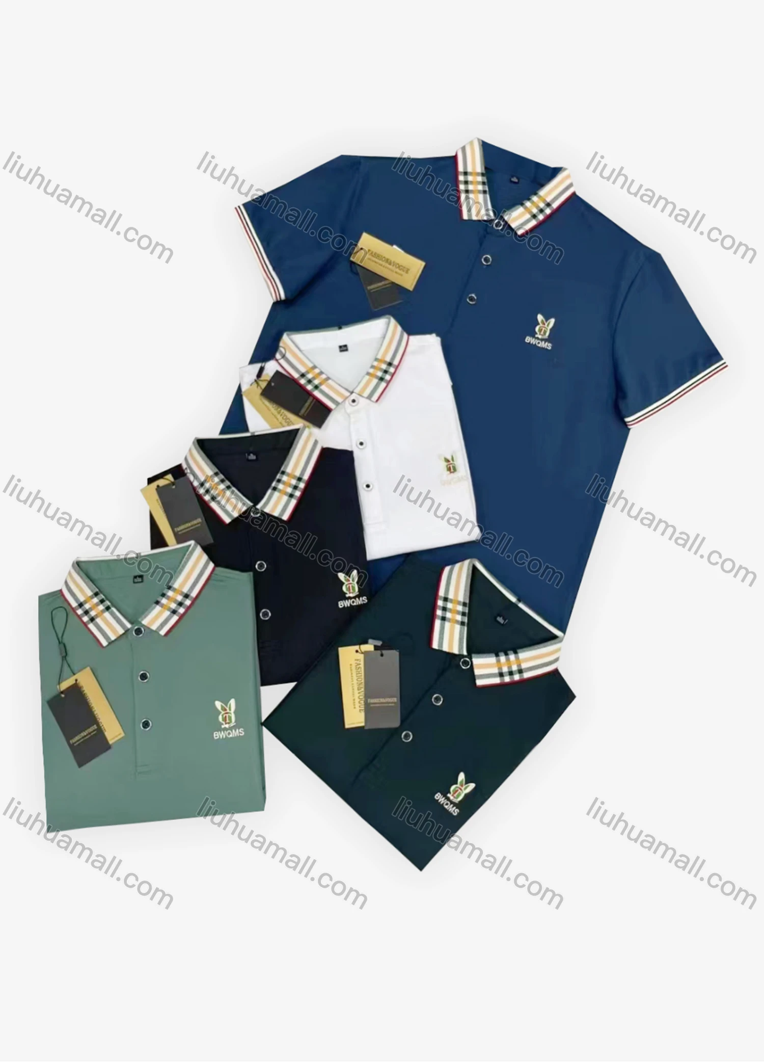 Wholesale Men's Casual Striped Gingham Trim Plain Label Print Short Sleeve Polo Shirt A2305# - Liuhuamall