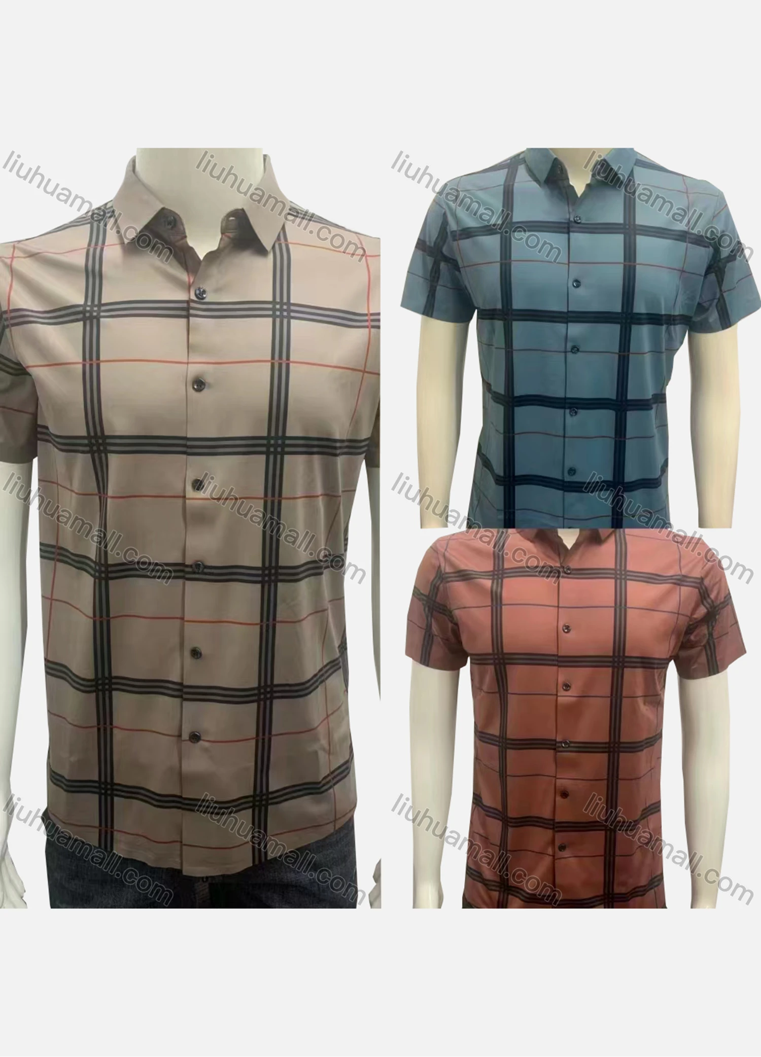 Wholesale Men's Casual Allover Plaid Print Button Down Collared Short Sleeve Shirt - Liuhuamall