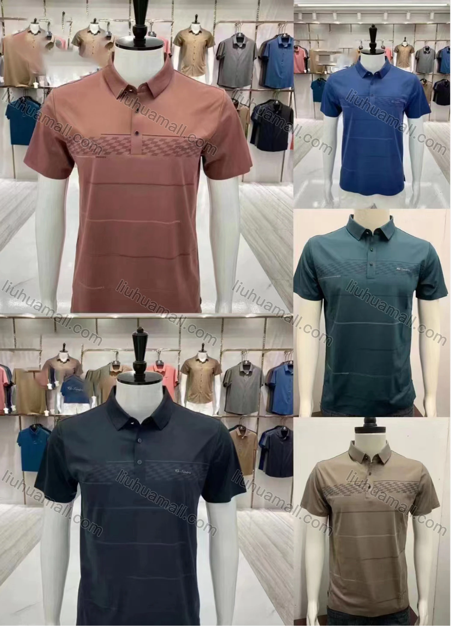 Wholesale Men's Casual Plain Argyle Print Collared Short Sleeve Polo Shirt - Liuhuamall