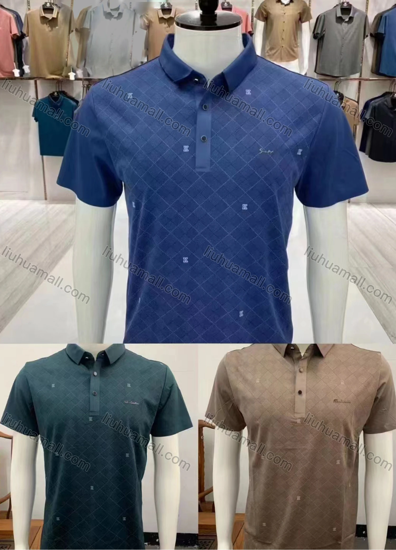 Wholesale Men's Casual Plaid Print Collared Short Sleeve Polo Shirt - Liuhuamall
