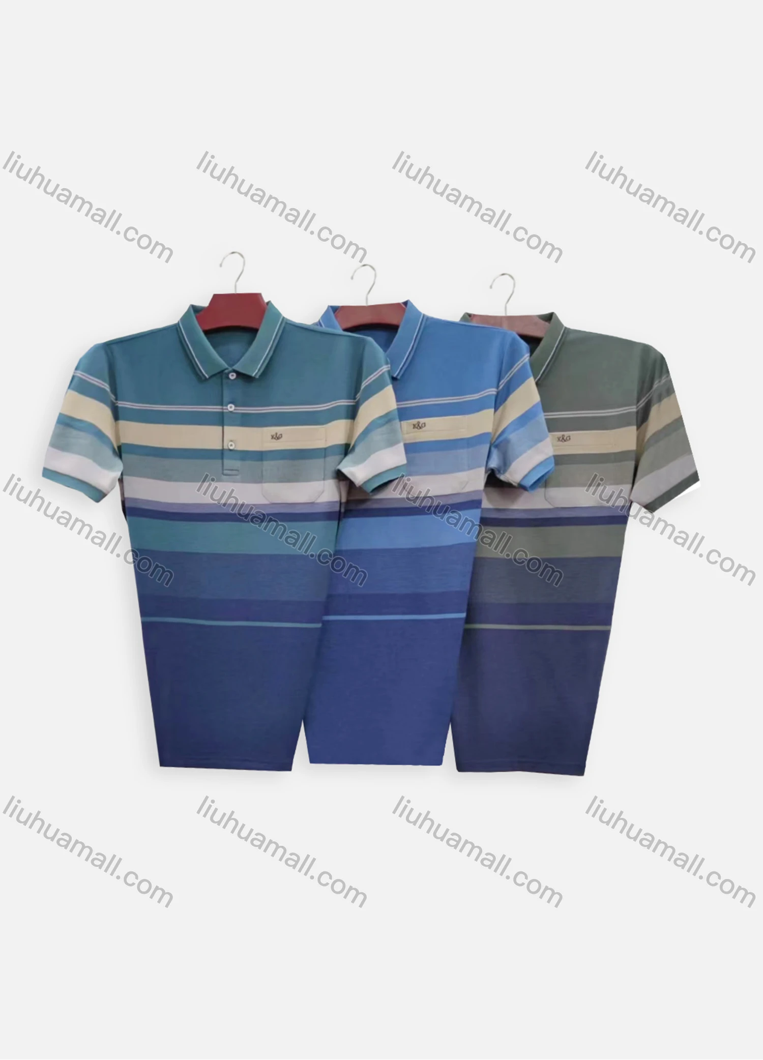 Wholesale Men's Casual Striped Colorblock Collared Patch Pocket Short Sleeve Polo Shirt - Liuhuamall