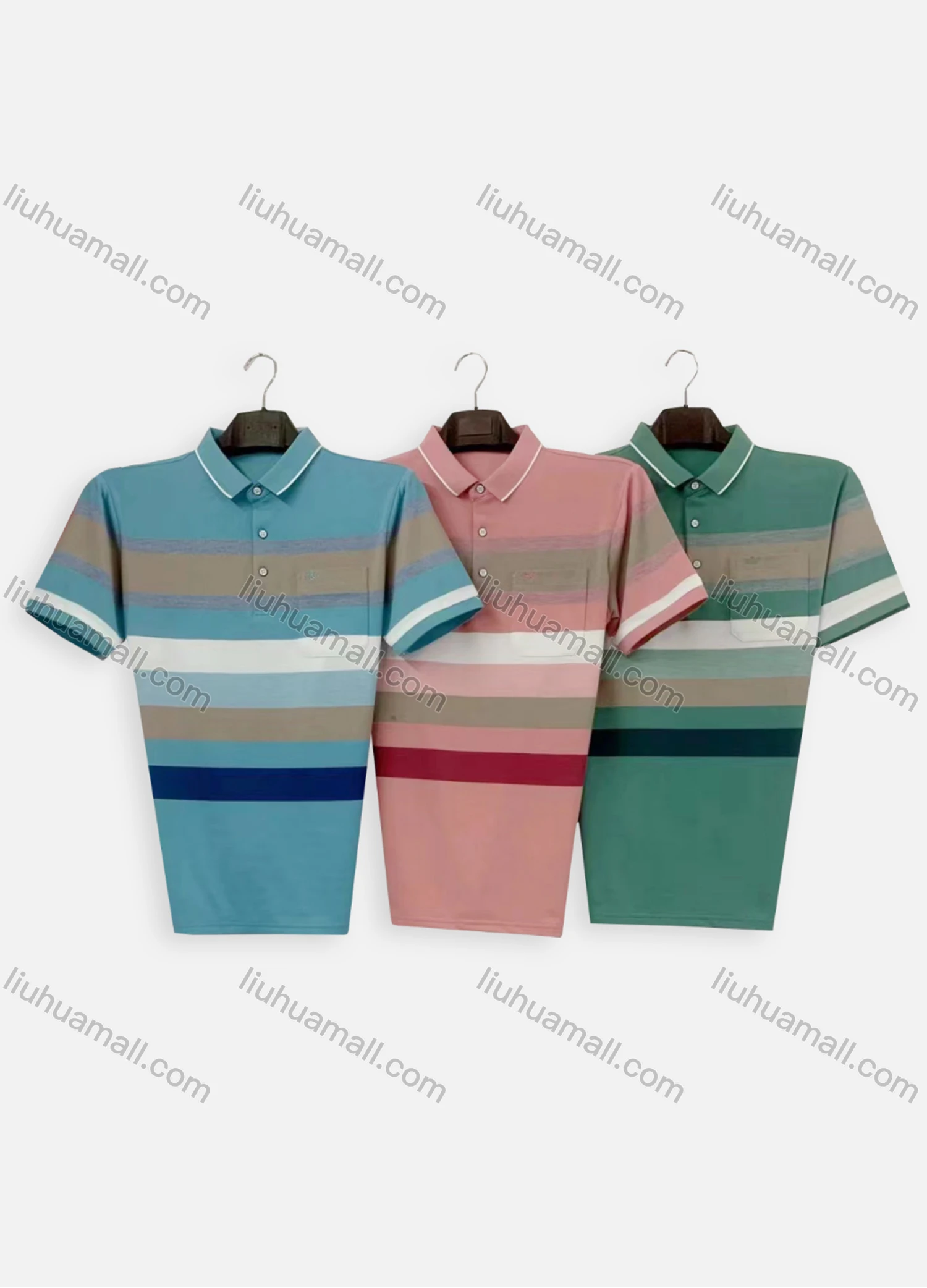 Wholesale Men's Casual Striped Colorblock Patch Pocket Short Sleeve Polo Shirt H103# - Liuhuamall
