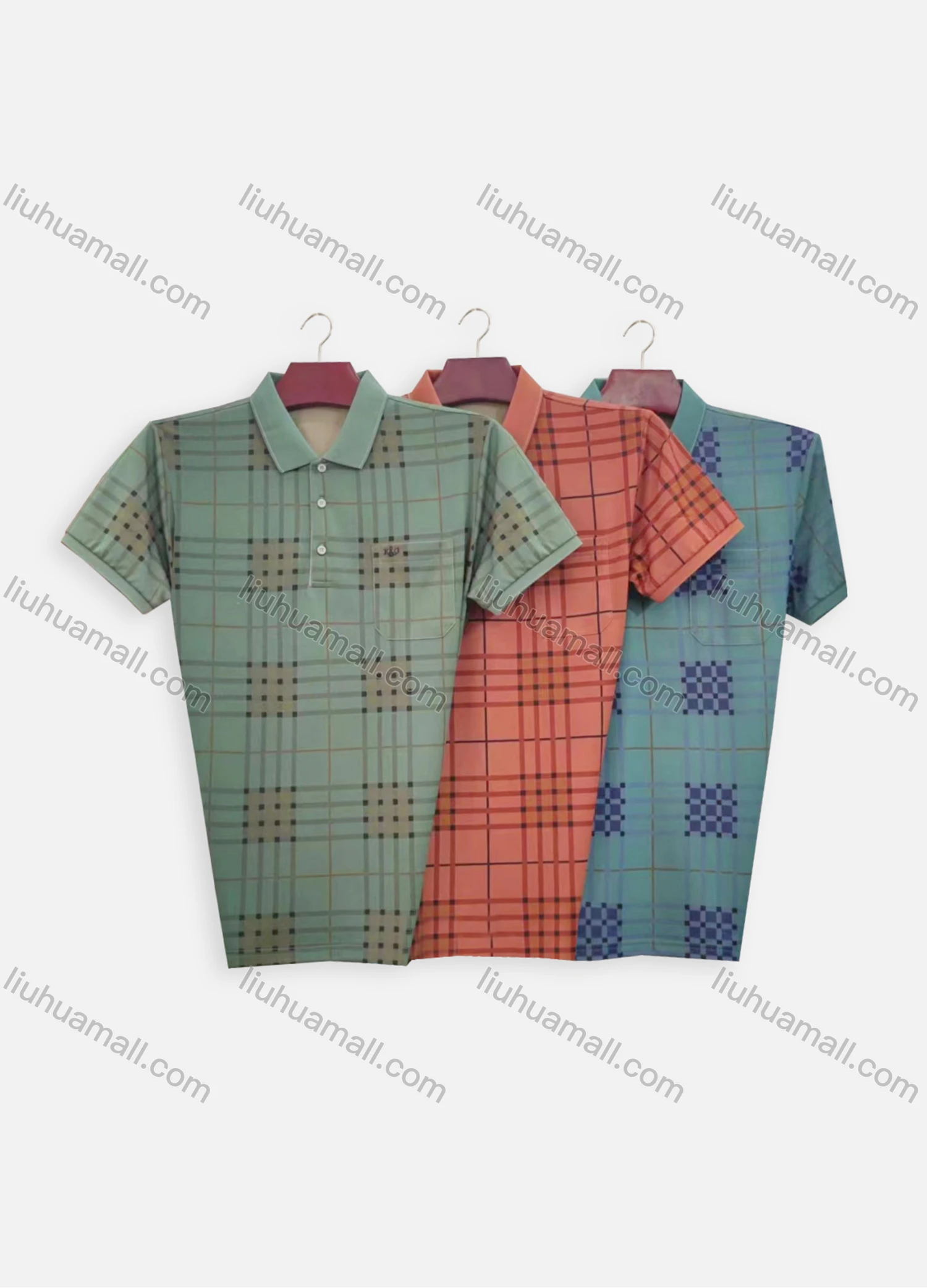 Wholesale Men's Casual Allover Plaid Print Pin Dot Short Sleeve Patch Pocket Polo Shirt M8809# - Liuhuamall