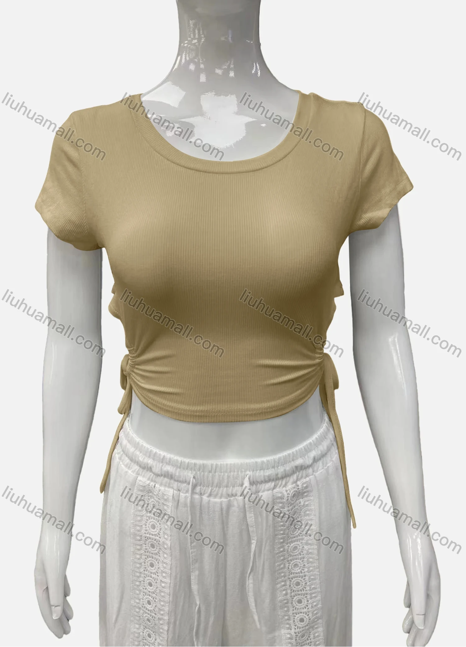 Wholesale Women's Casual Scoop Neck Short Sleeve Drawstring Side Plain Crop Top - Liuhuamall