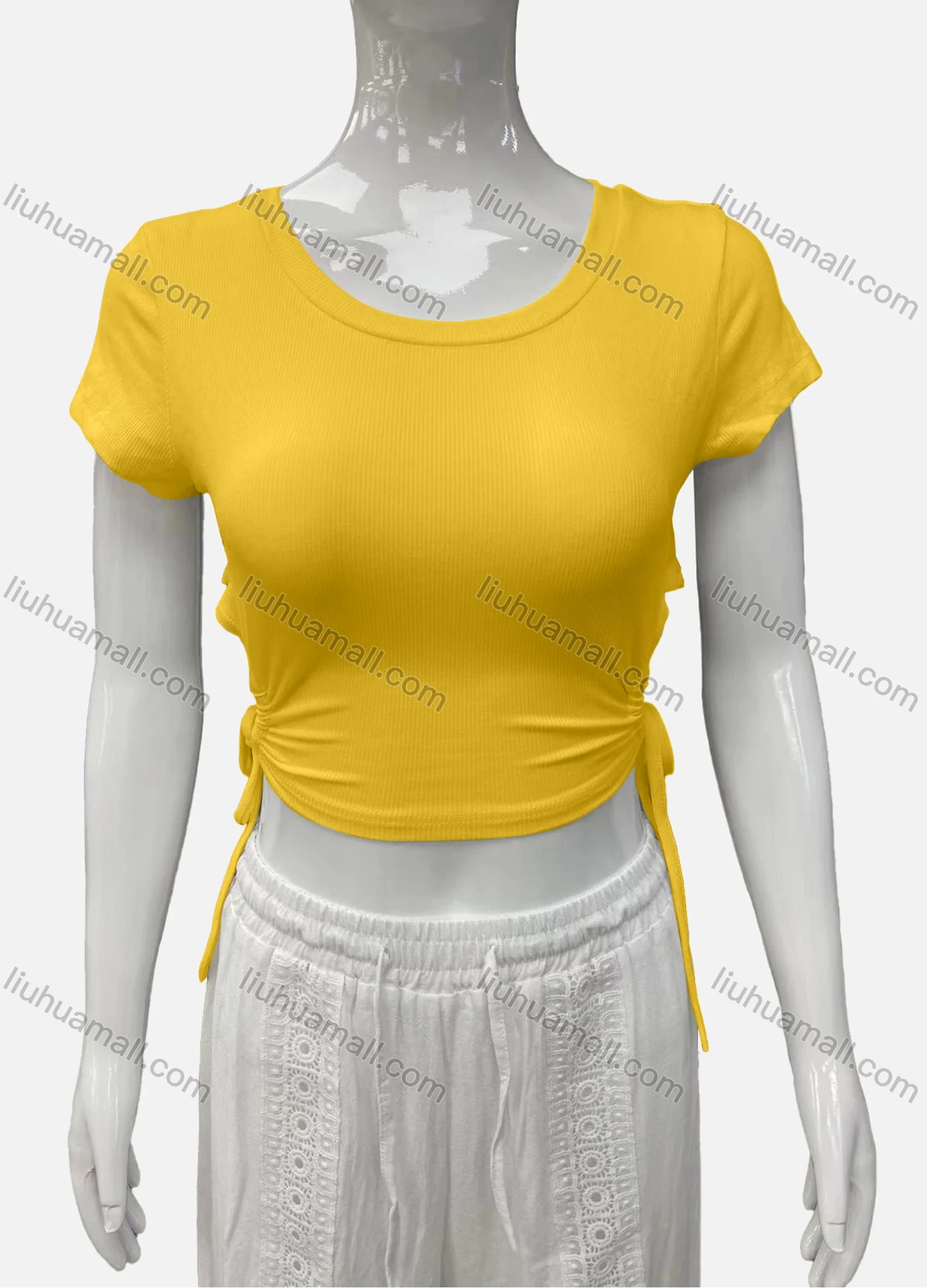 Wholesale Women's Casual Scoop Neck Short Sleeve Drawstring Side Plain Crop Top - Liuhuamall