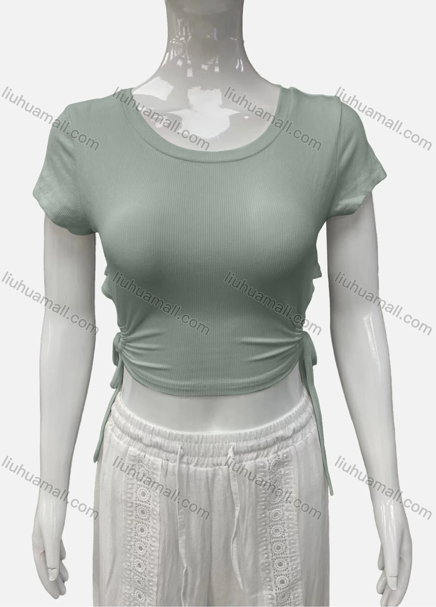 Wholesale Women's Casual Scoop Neck Short Sleeve Drawstring Side Plain Crop Top - Liuhuamall