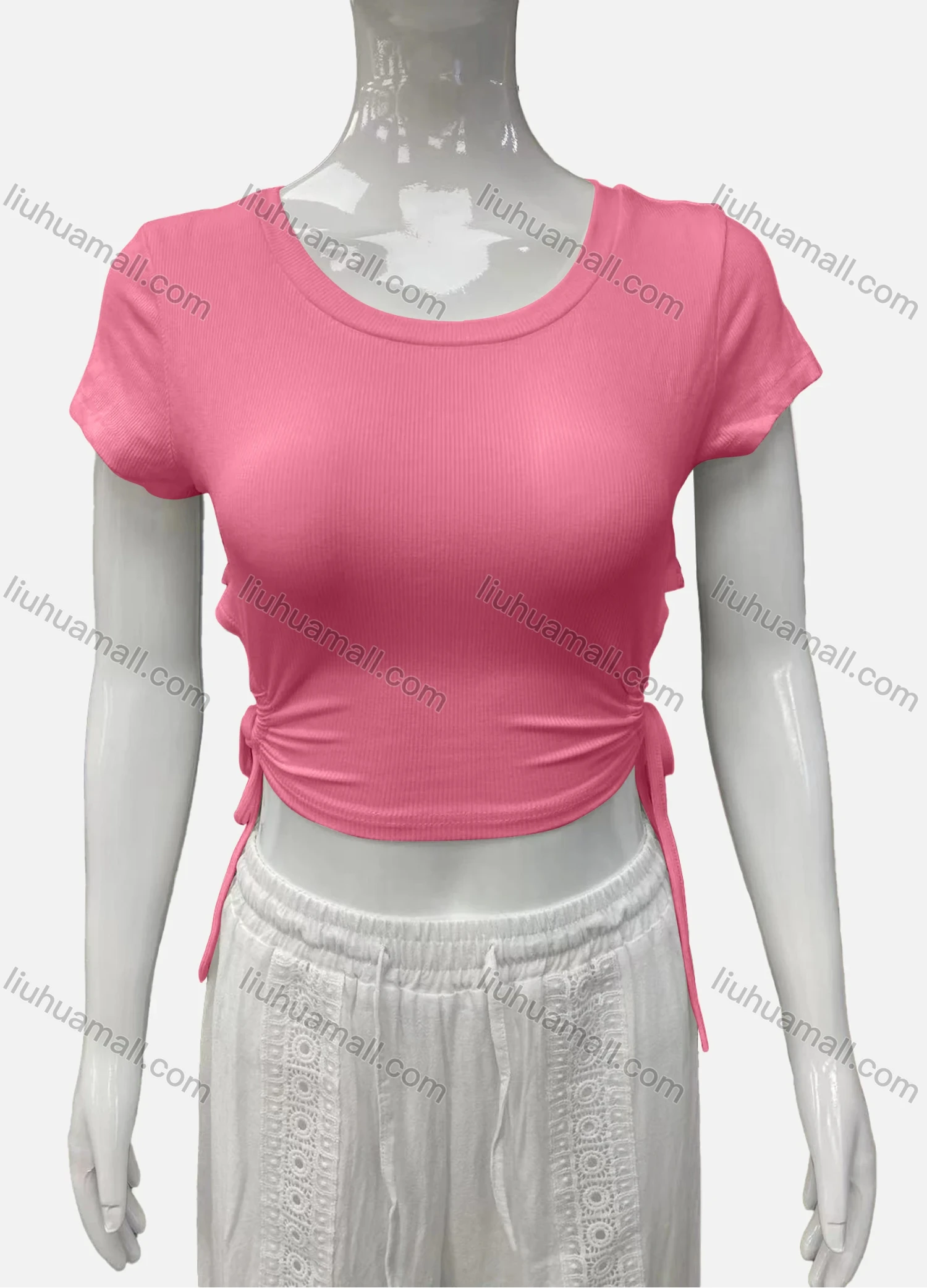 Wholesale Women's Casual Scoop Neck Short Sleeve Drawstring Side Plain Crop Top - Liuhuamall