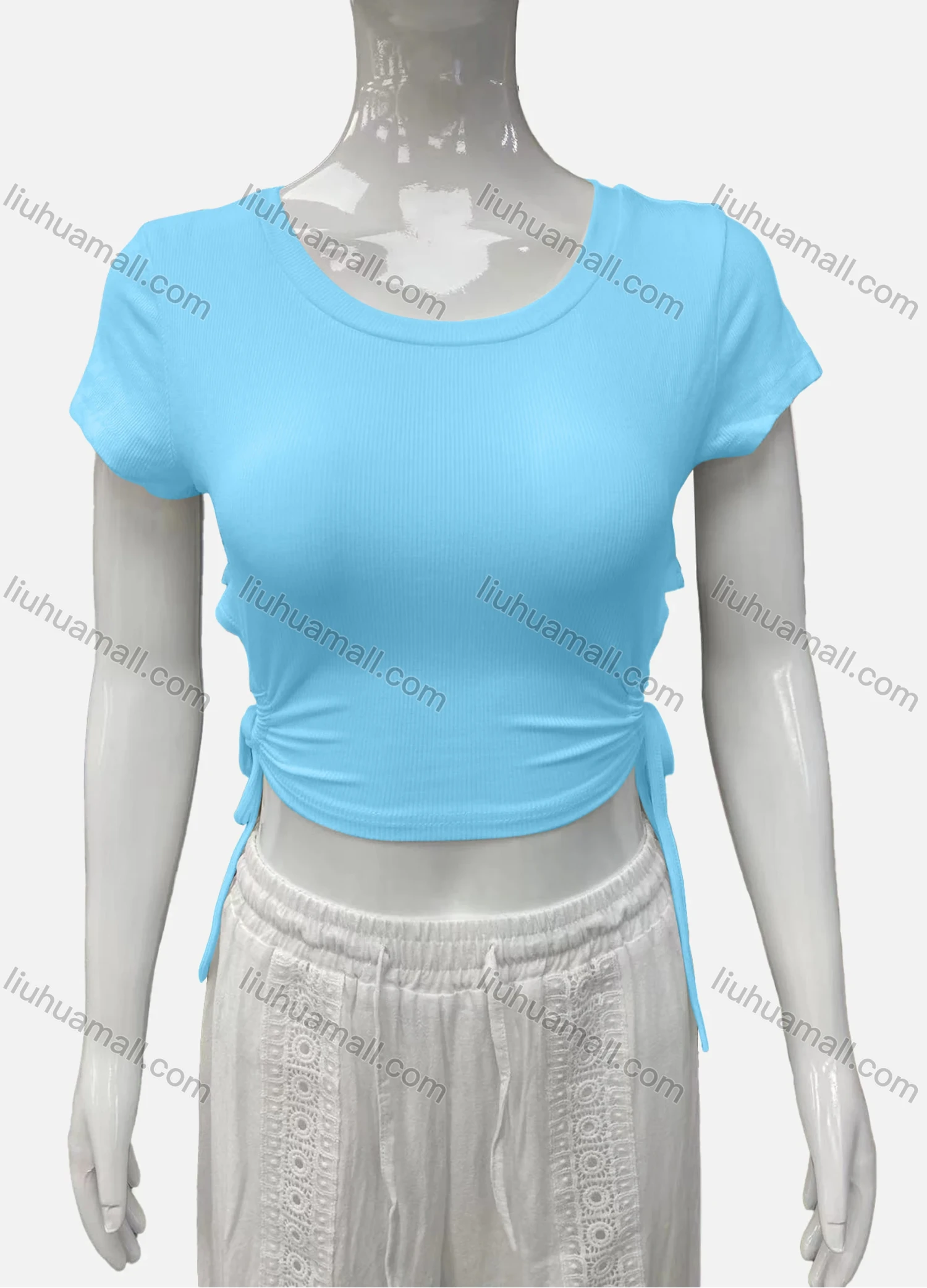 Wholesale Women's Casual Scoop Neck Short Sleeve Drawstring Side Plain Crop Top - Liuhuamall