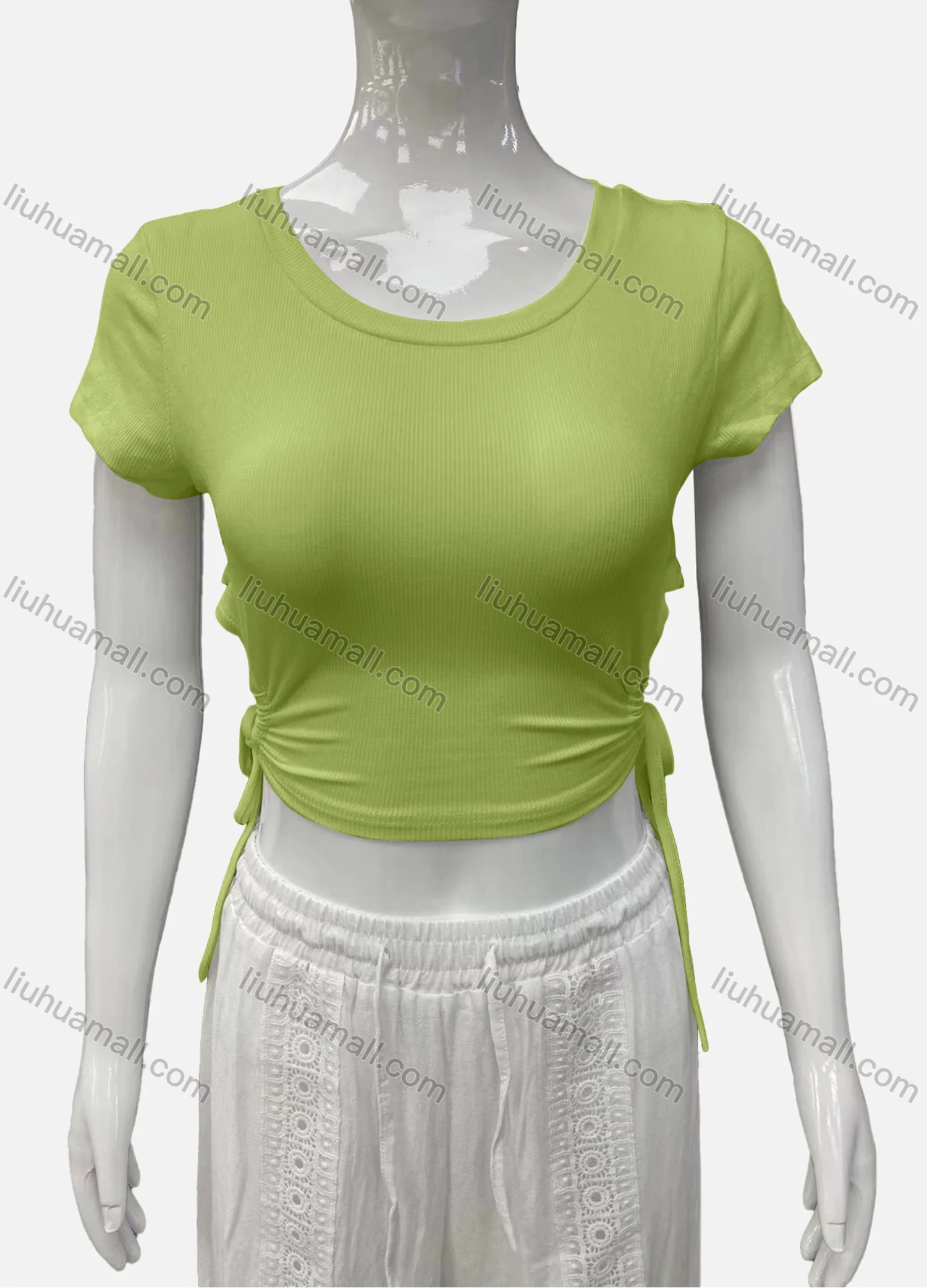 Wholesale Women's Casual Scoop Neck Short Sleeve Drawstring Side Plain Crop Top - Liuhuamall