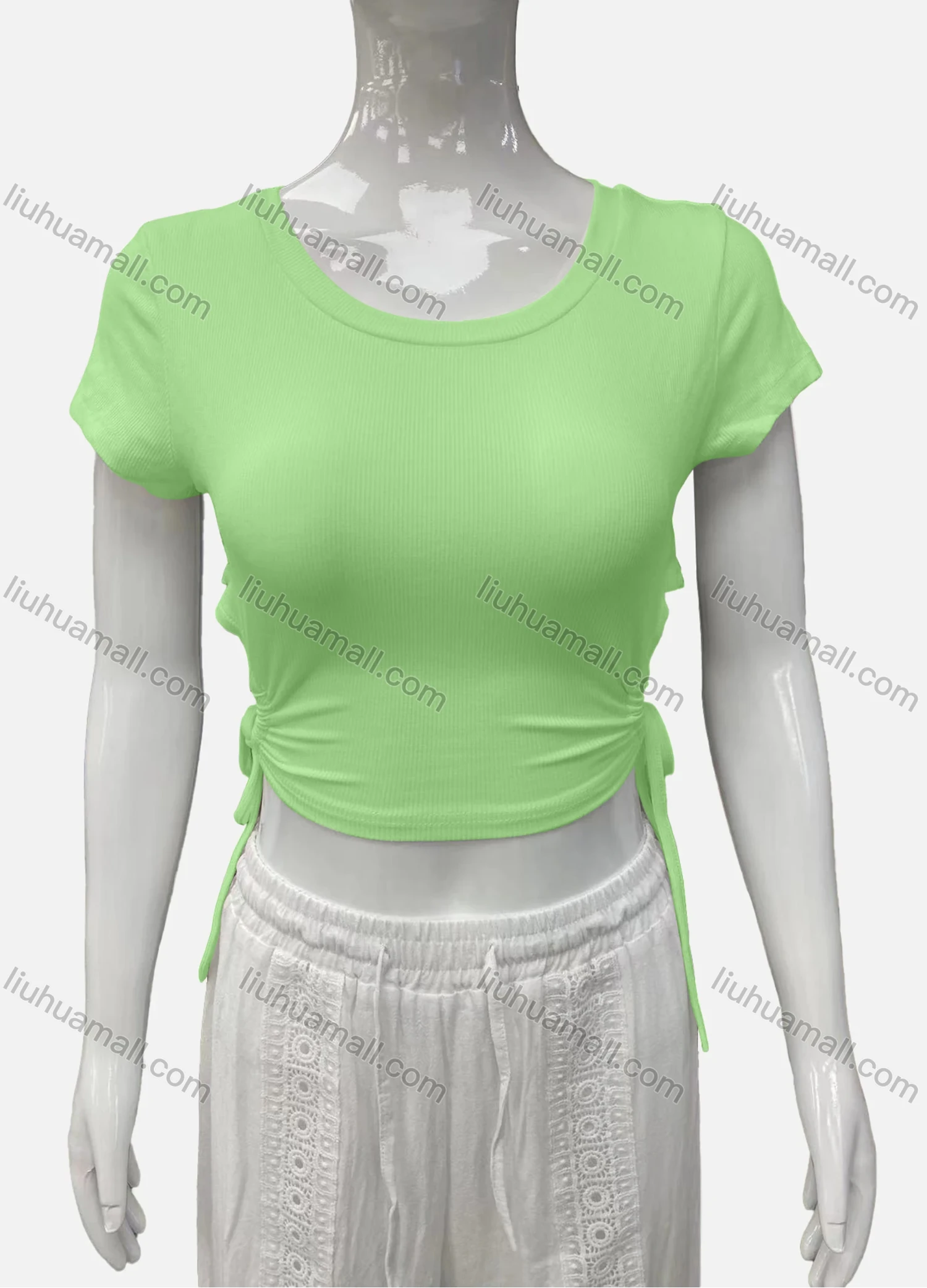 Wholesale Women's Casual Scoop Neck Short Sleeve Drawstring Side Plain Crop Top - Liuhuamall