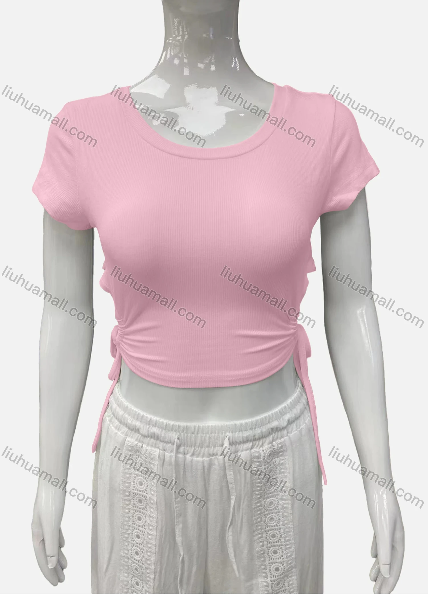 Wholesale Women's Casual Scoop Neck Short Sleeve Drawstring Side Plain Crop Top - Liuhuamall