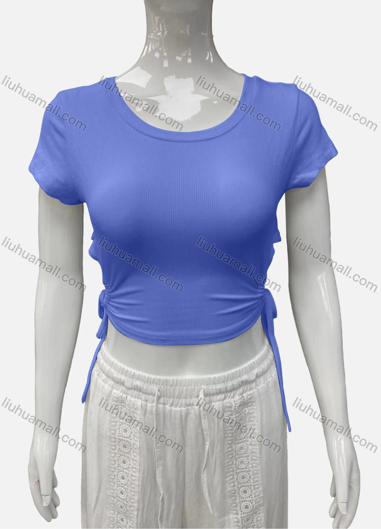 Wholesale Women's Casual Scoop Neck Short Sleeve Drawstring Side Plain Crop Top - Liuhuamall