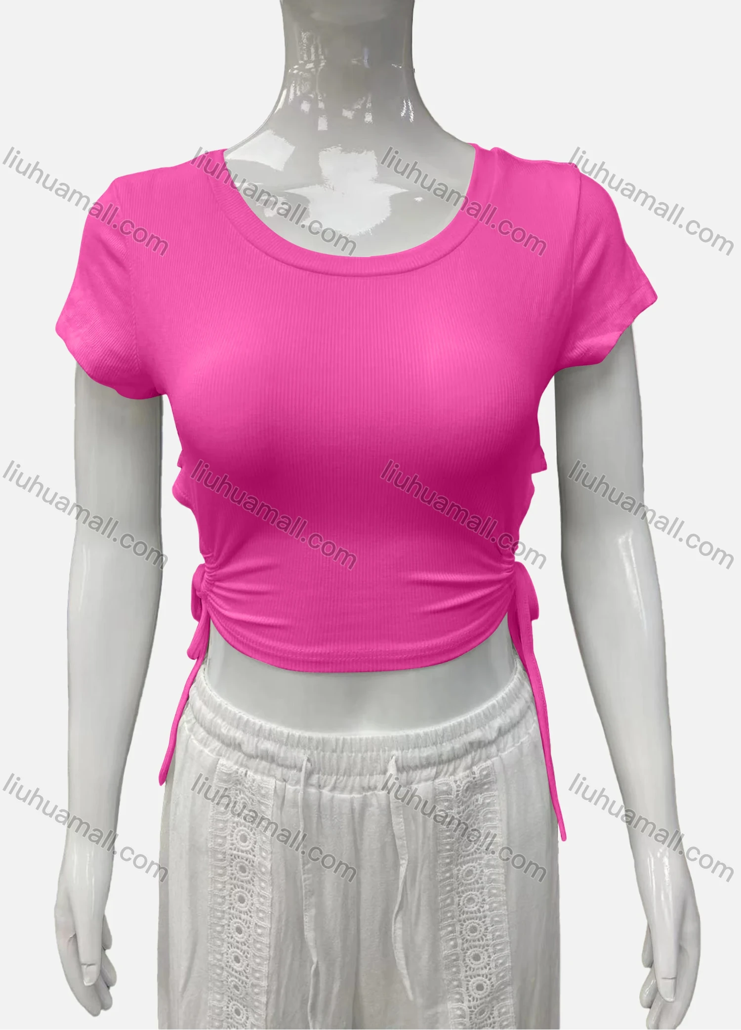Wholesale Women's Casual Scoop Neck Short Sleeve Drawstring Side Plain Crop Top - Liuhuamall