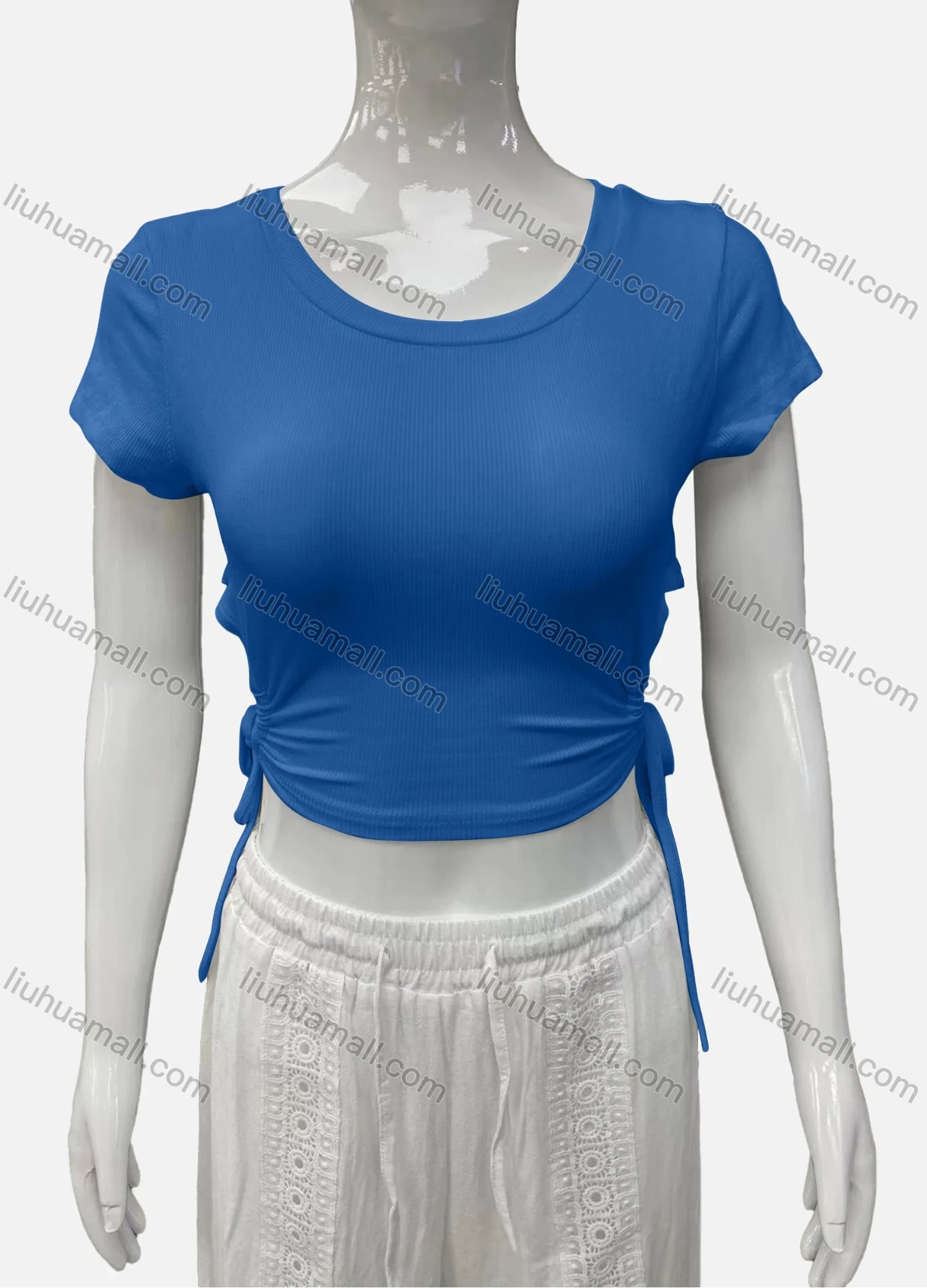 Wholesale Women's Casual Scoop Neck Short Sleeve Drawstring Side Plain Crop Top - Liuhuamall