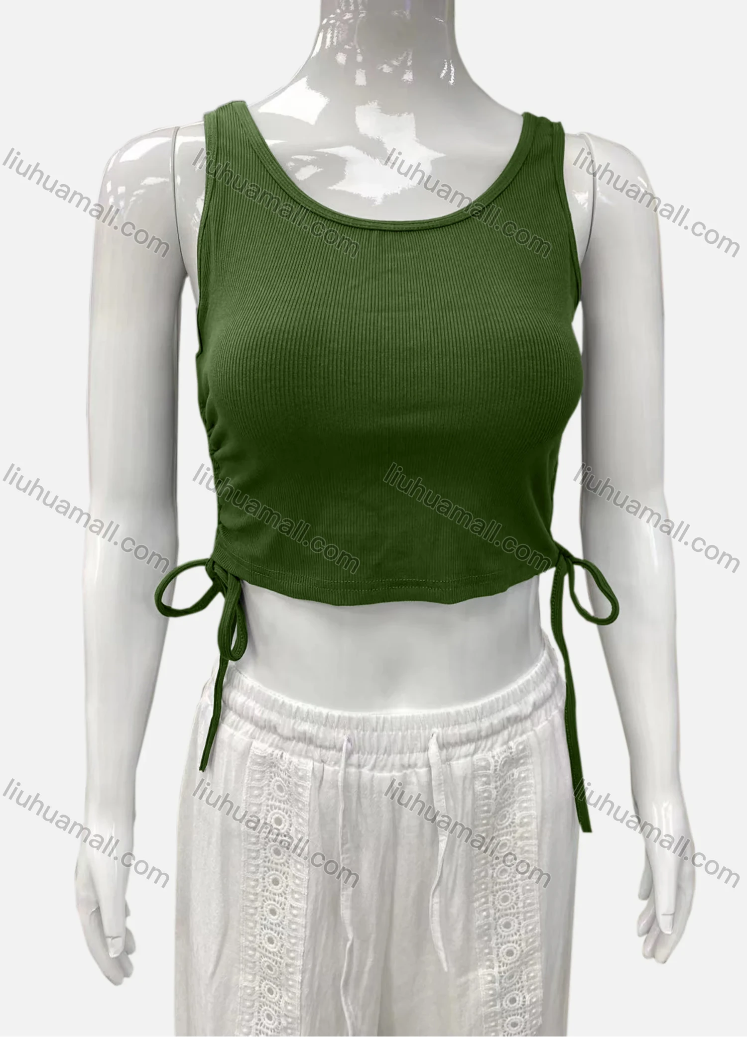 Wholesale Women's Casual Scoop Neck Drawstring Side Plain Tank Top - Liuhuamall