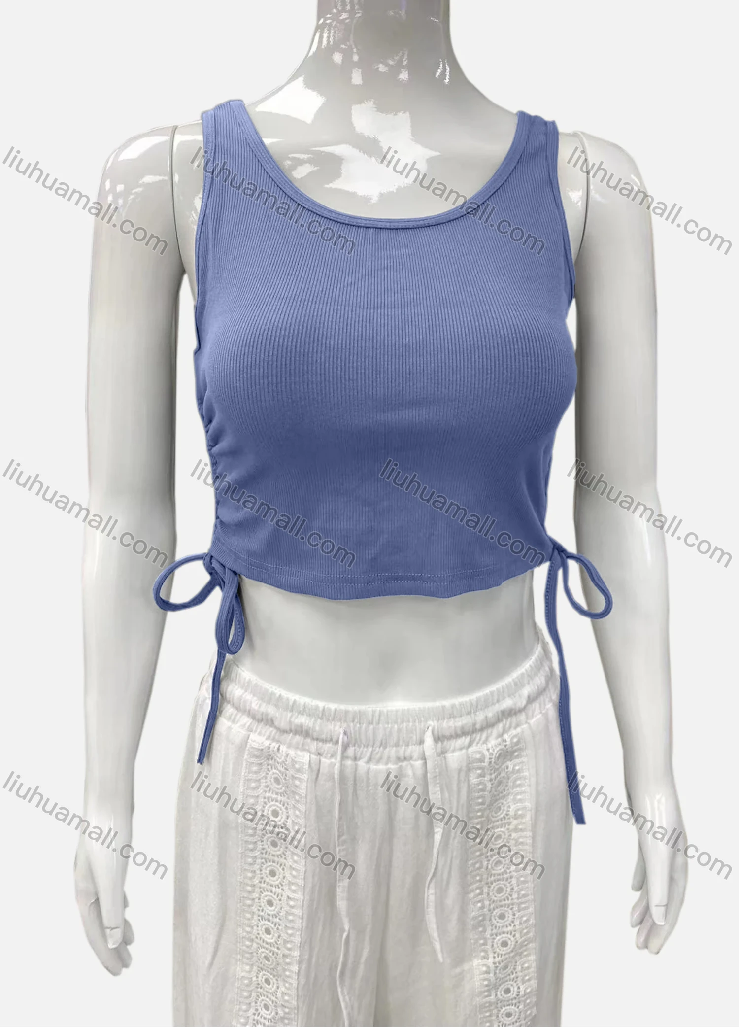 Wholesale Women's Casual Scoop Neck Drawstring Side Plain Tank Top - Liuhuamall