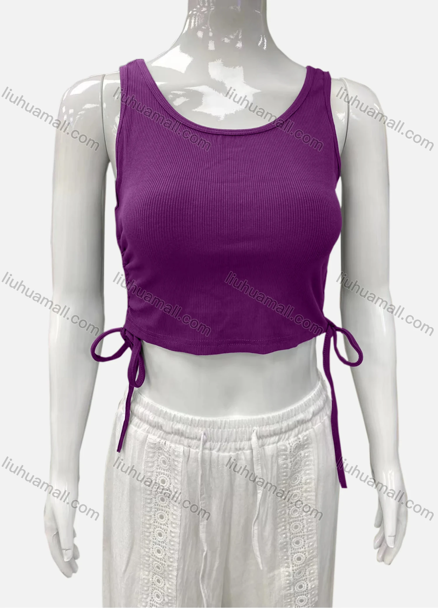 Wholesale Women's Casual Scoop Neck Drawstring Side Plain Tank Top - Liuhuamall