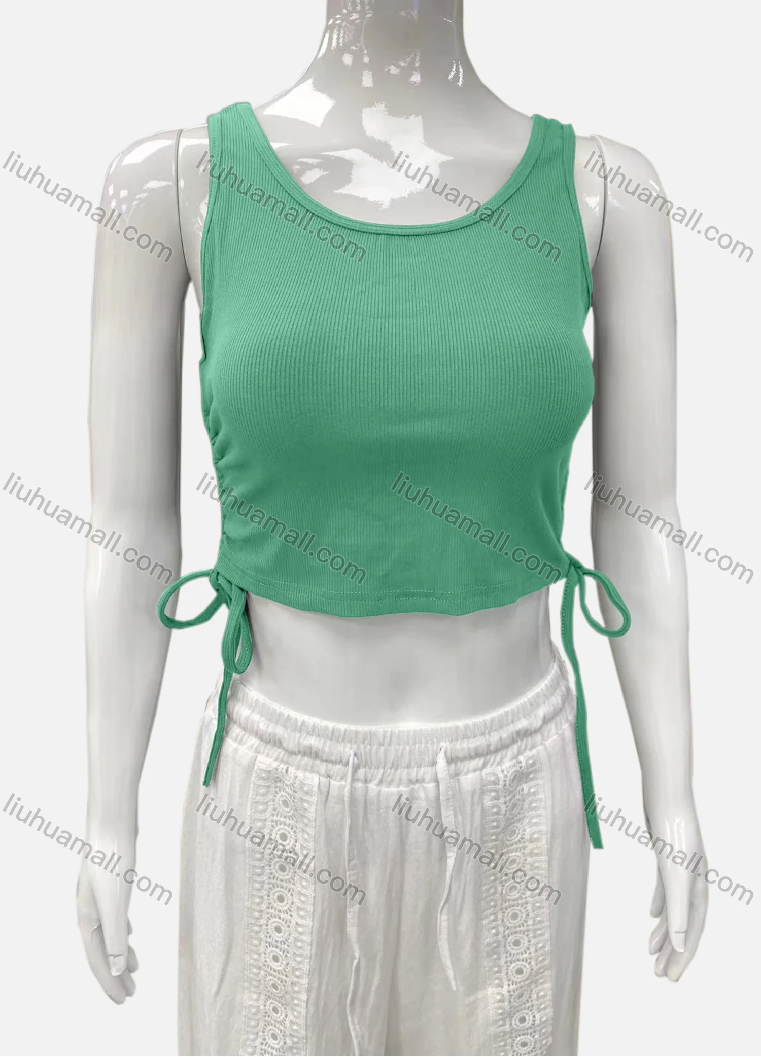 Wholesale Women's Casual Scoop Neck Drawstring Side Plain Tank Top - Liuhuamall