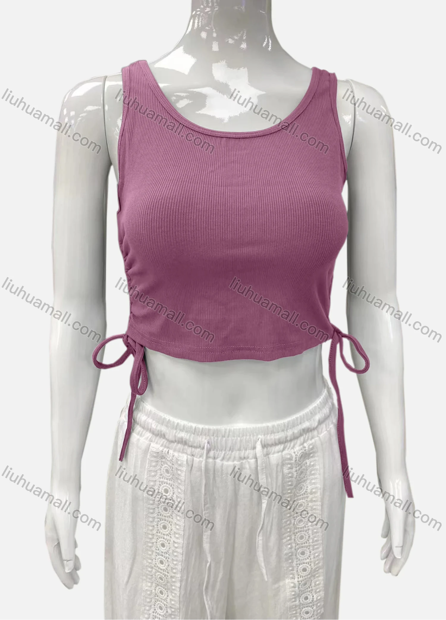 Wholesale Women's Casual Scoop Neck Drawstring Side Plain Tank Top - Liuhuamall