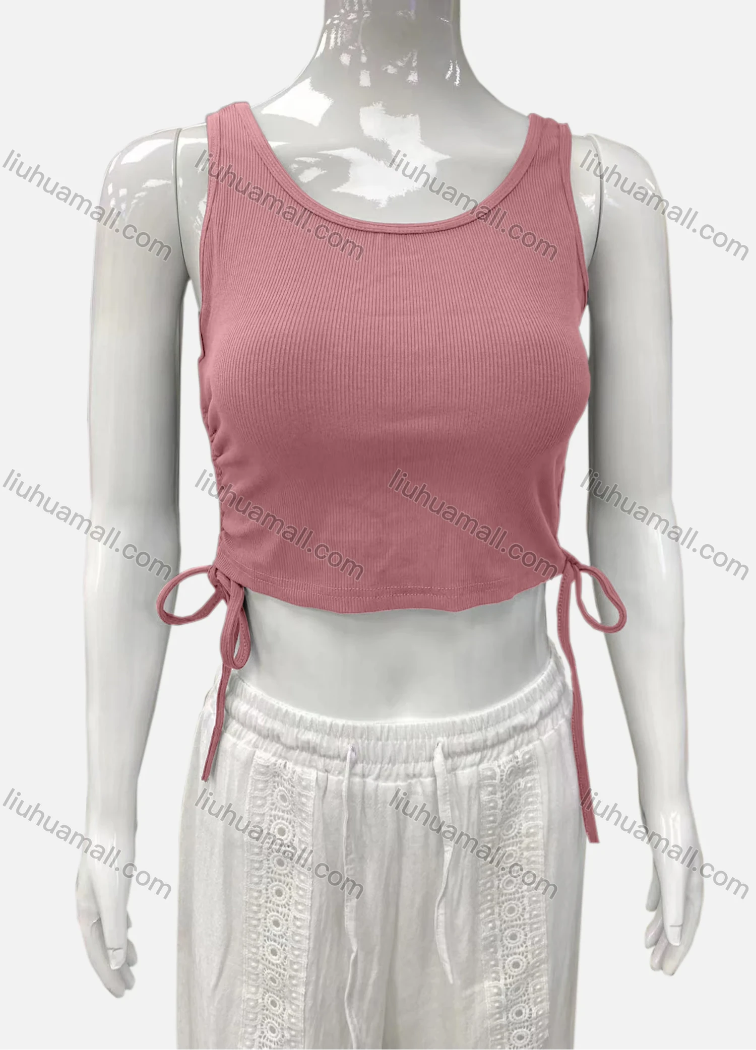 Wholesale Women's Casual Scoop Neck Drawstring Side Plain Tank Top - Liuhuamall