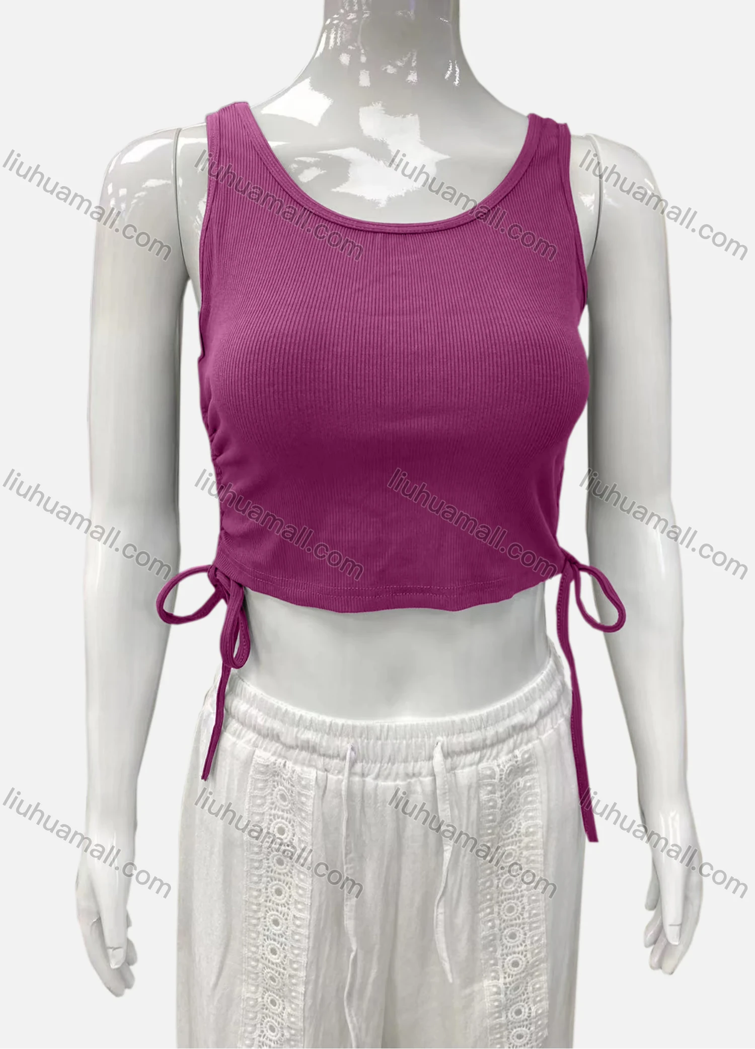 Wholesale Women's Casual Scoop Neck Drawstring Side Plain Tank Top - Liuhuamall
