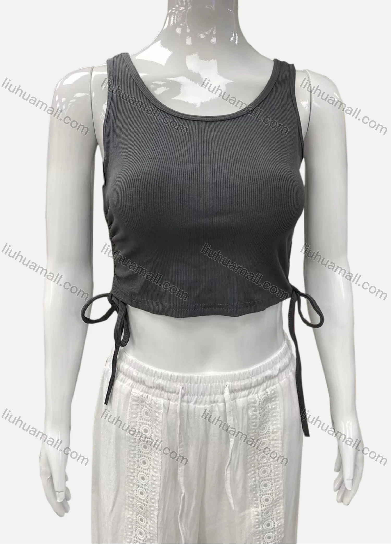 Wholesale Women's Casual Scoop Neck Drawstring Side Plain Tank Top - Liuhuamall
