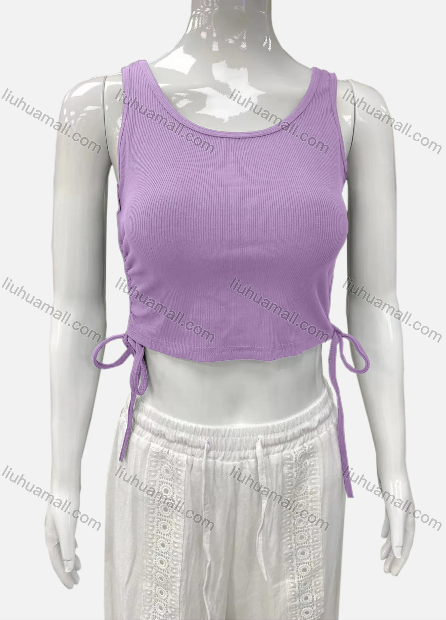 Wholesale Women's Casual Scoop Neck Drawstring Side Plain Tank Top - Liuhuamall