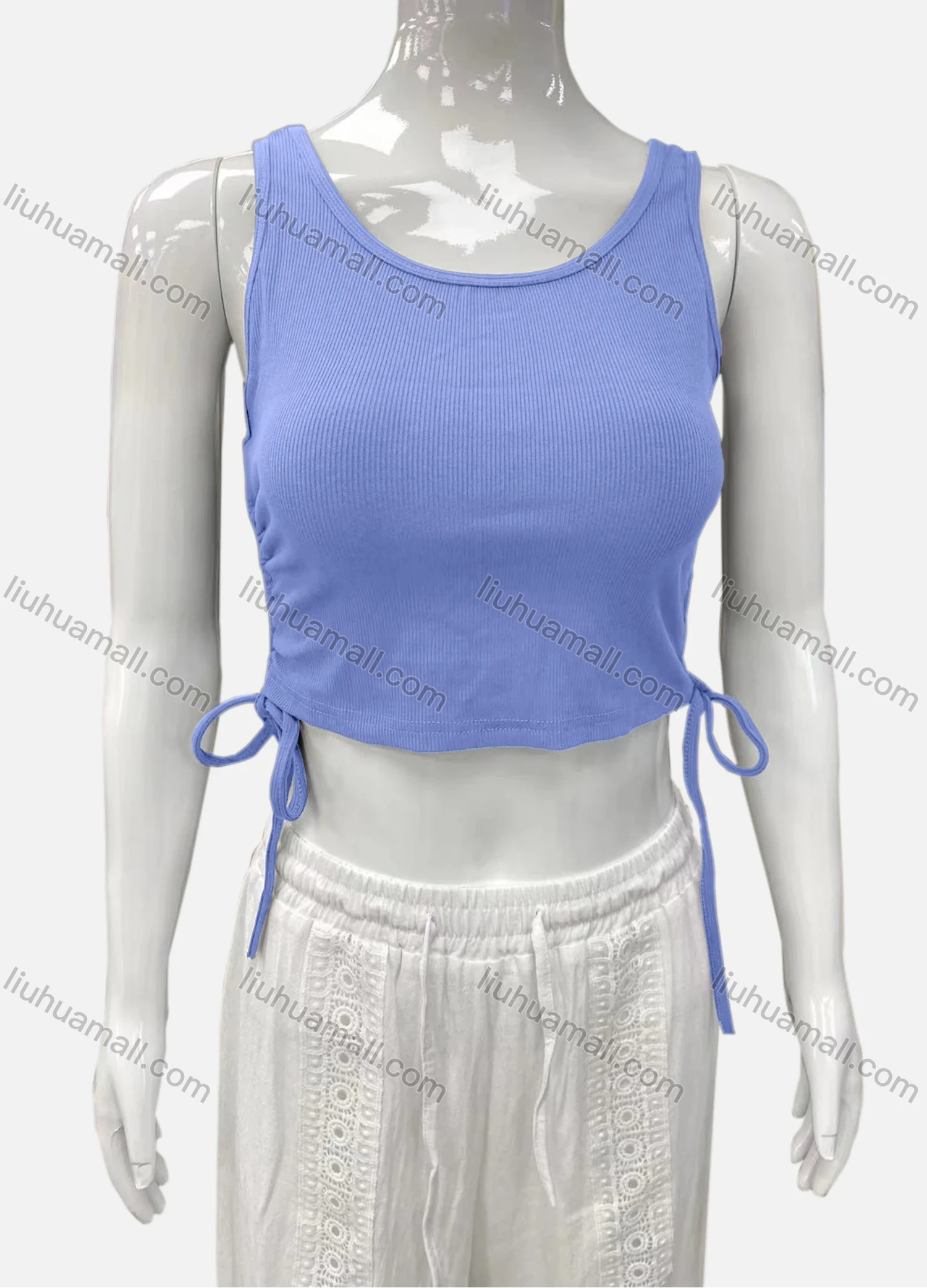 Wholesale Women's Casual Scoop Neck Drawstring Side Plain Tank Top - Liuhuamall