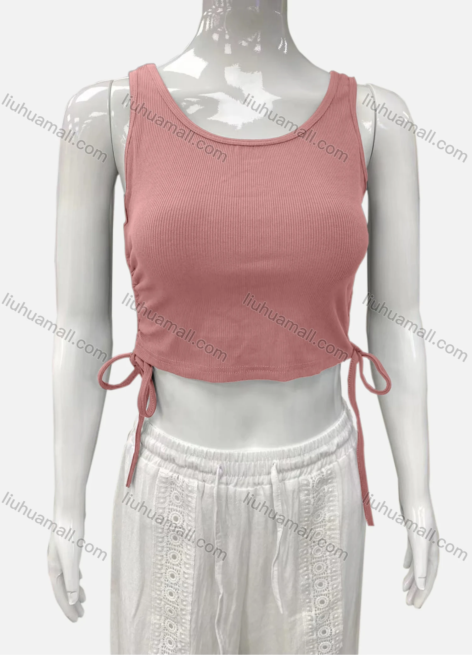 Wholesale Women's Casual Scoop Neck Drawstring Side Plain Tank Top - Liuhuamall