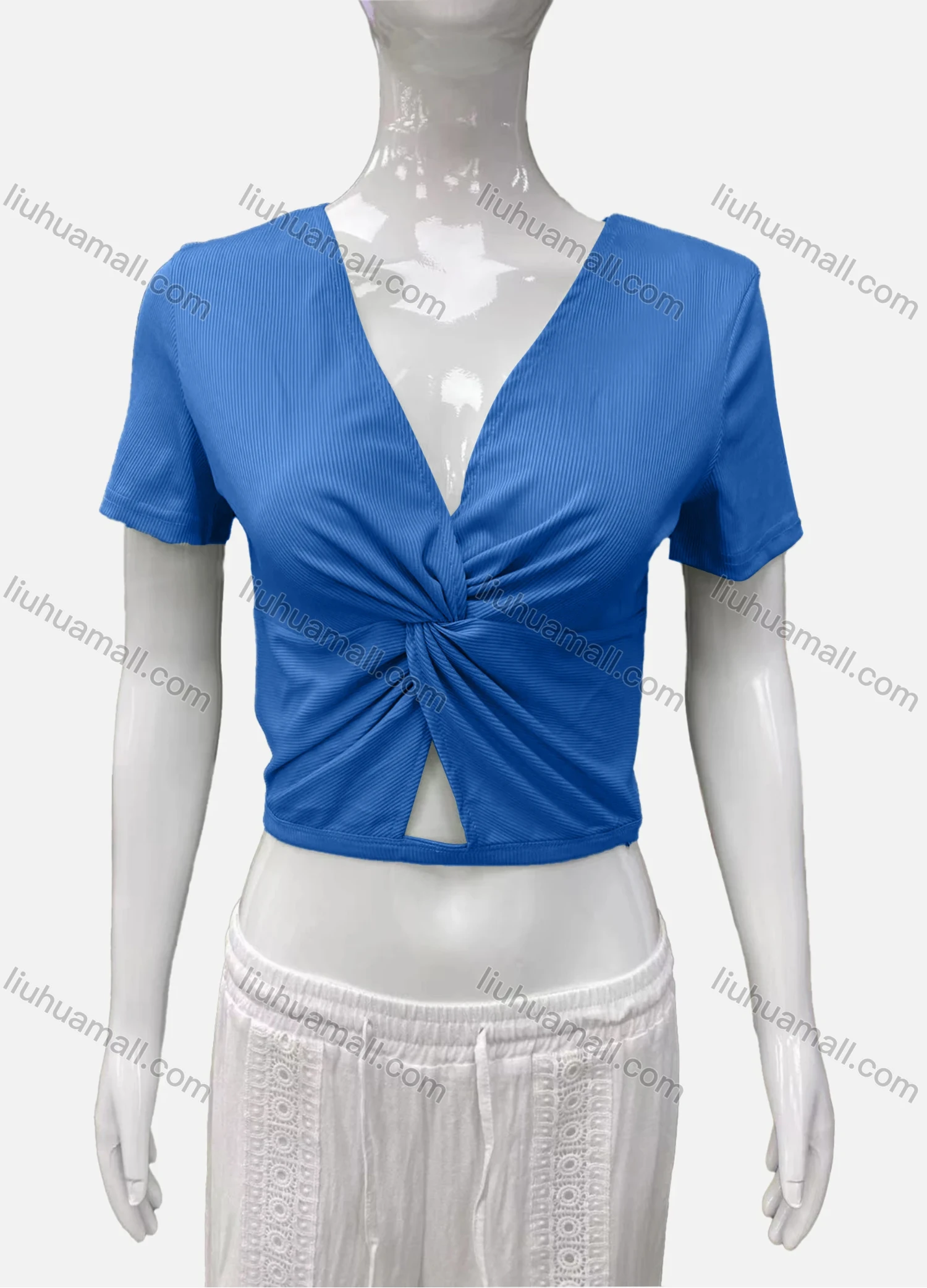 Wholesale Women's Casual V Neck Short Sleeve Twist Ribbed Plain Crop Top - Liuhuamall