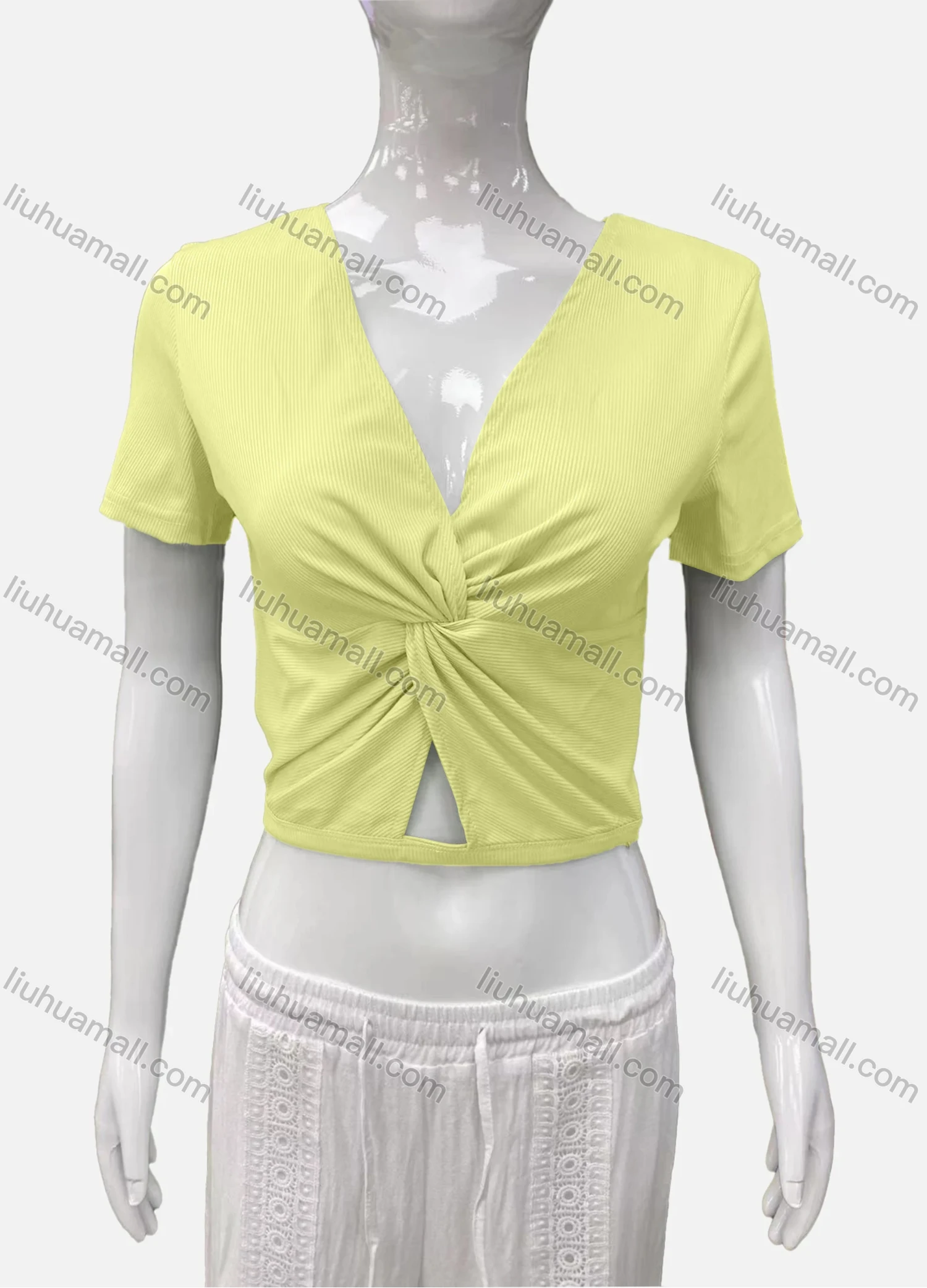 Wholesale Women's Casual V Neck Short Sleeve Twist Ribbed Plain Crop Top - Liuhuamall