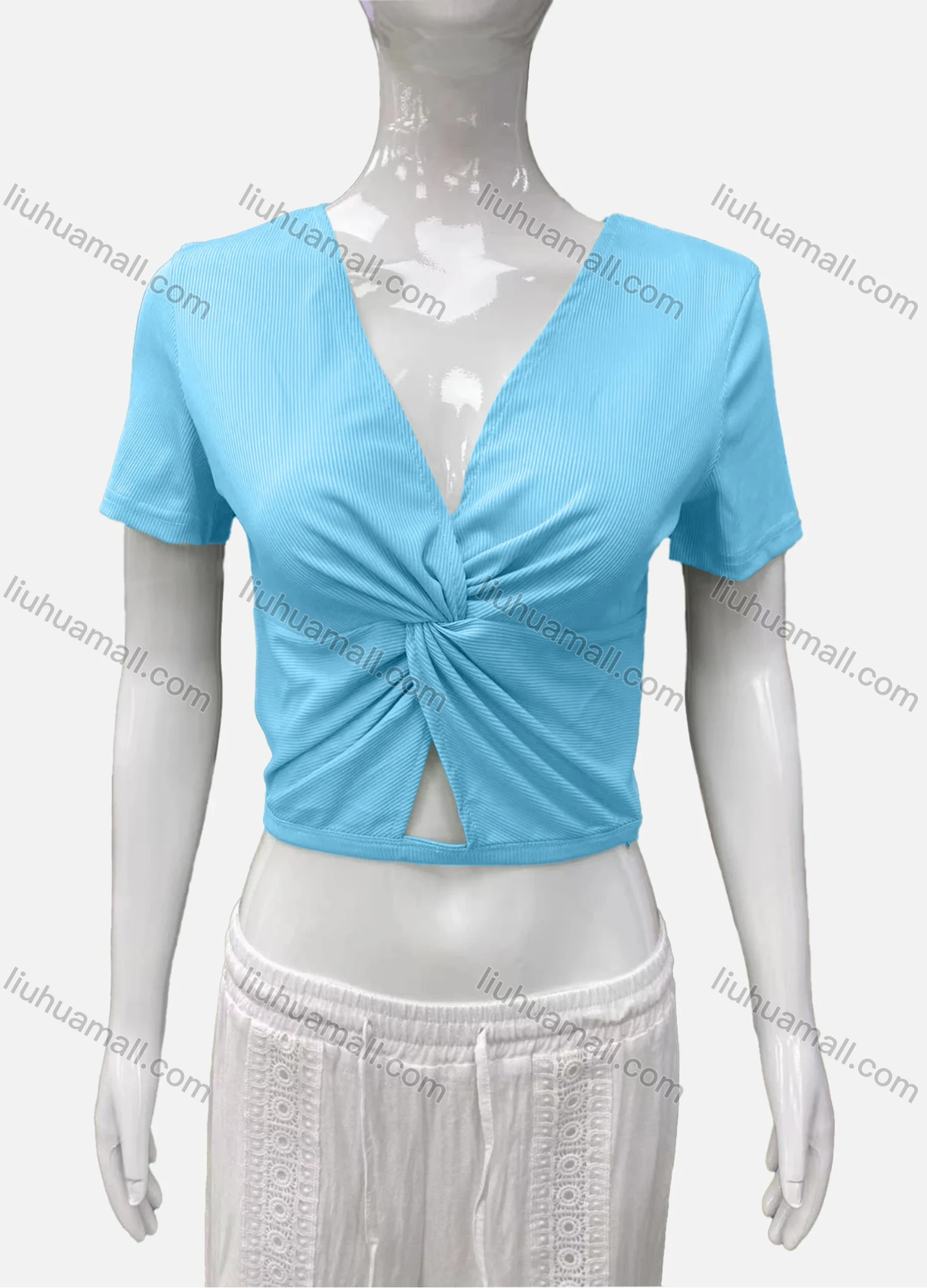 Wholesale Women's Casual V Neck Short Sleeve Twist Ribbed Plain Crop Top - Liuhuamall