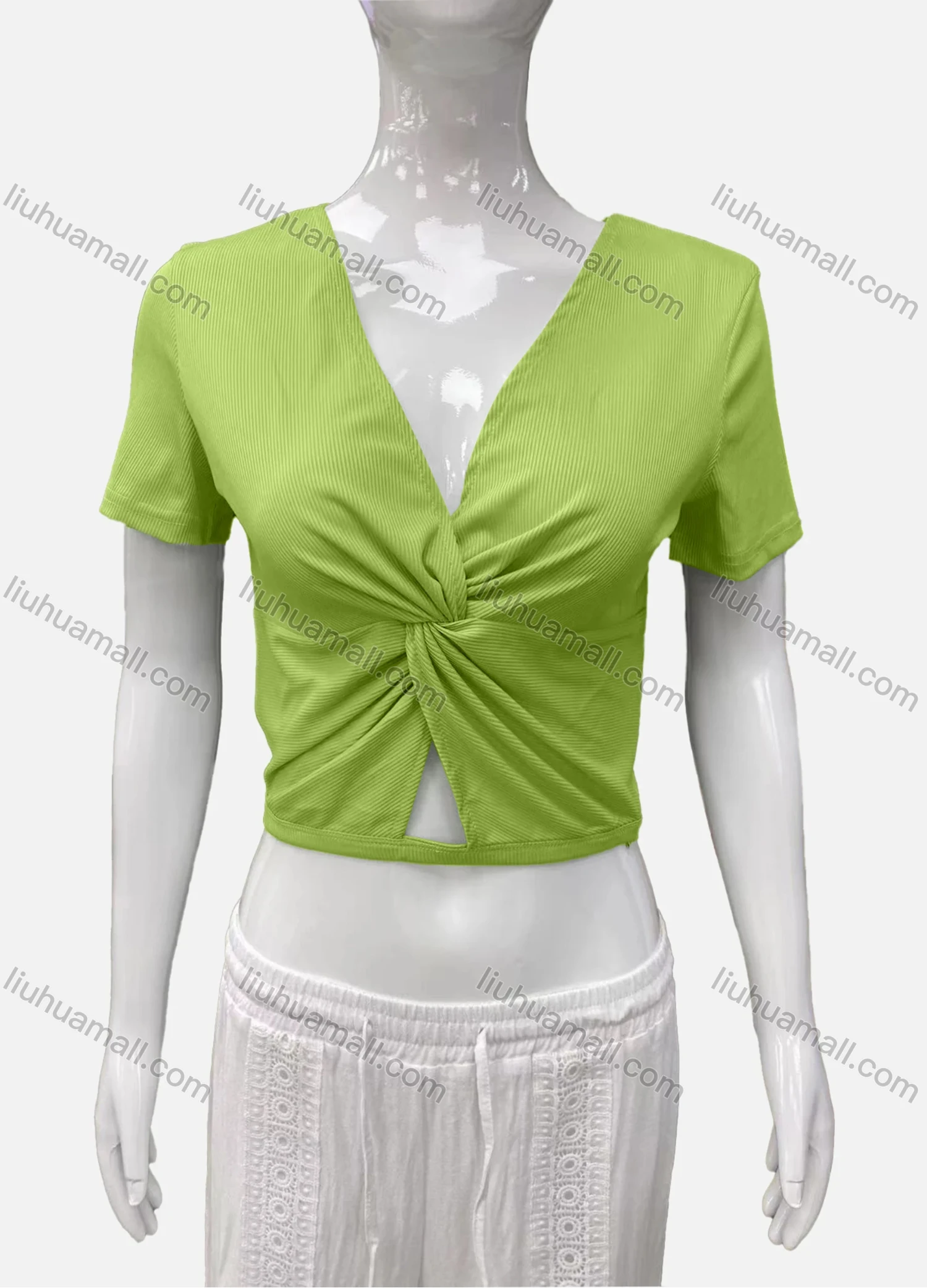 Wholesale Women's Casual V Neck Short Sleeve Twist Ribbed Plain Crop Top - Liuhuamall