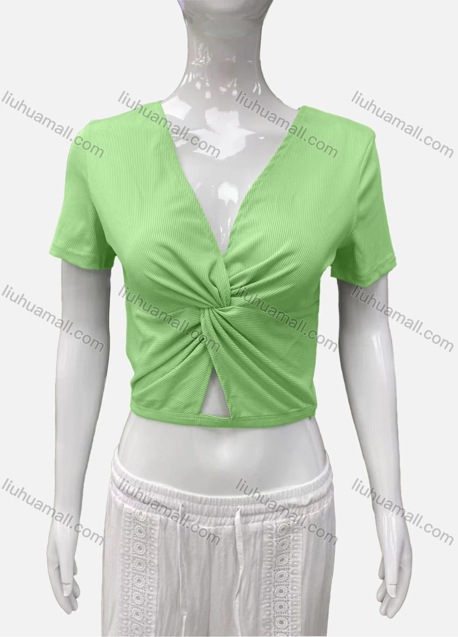 Wholesale Women's Casual V Neck Short Sleeve Twist Ribbed Plain Crop Top - Liuhuamall
