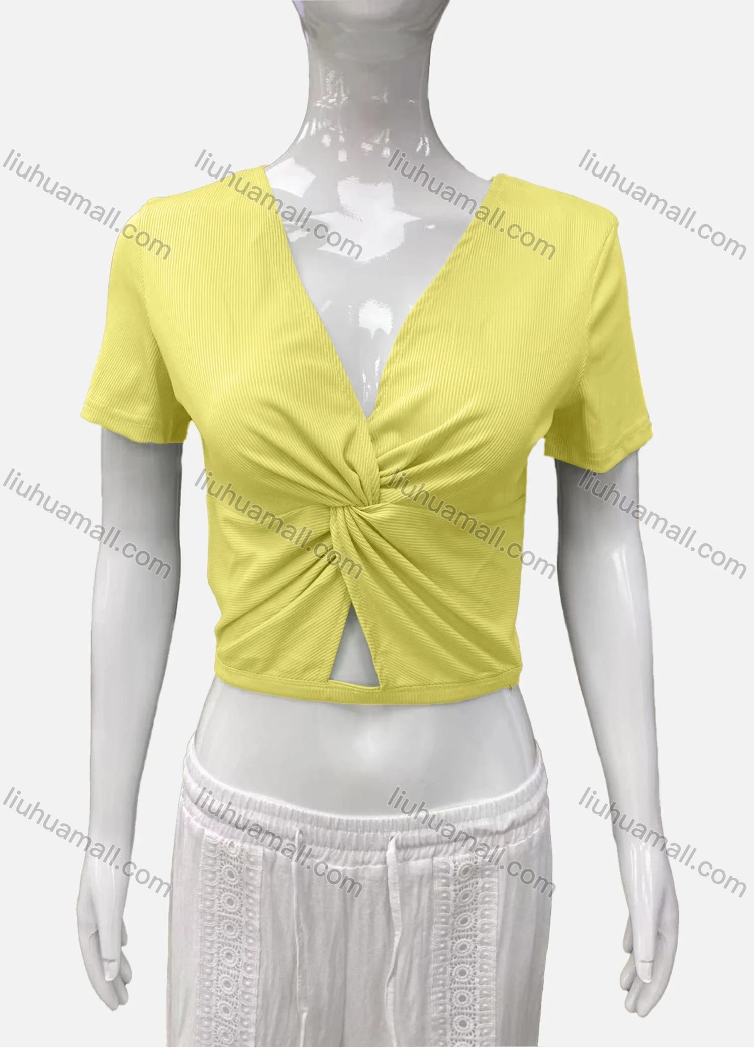 Wholesale Women's Casual V Neck Short Sleeve Twist Ribbed Plain Crop Top - Liuhuamall