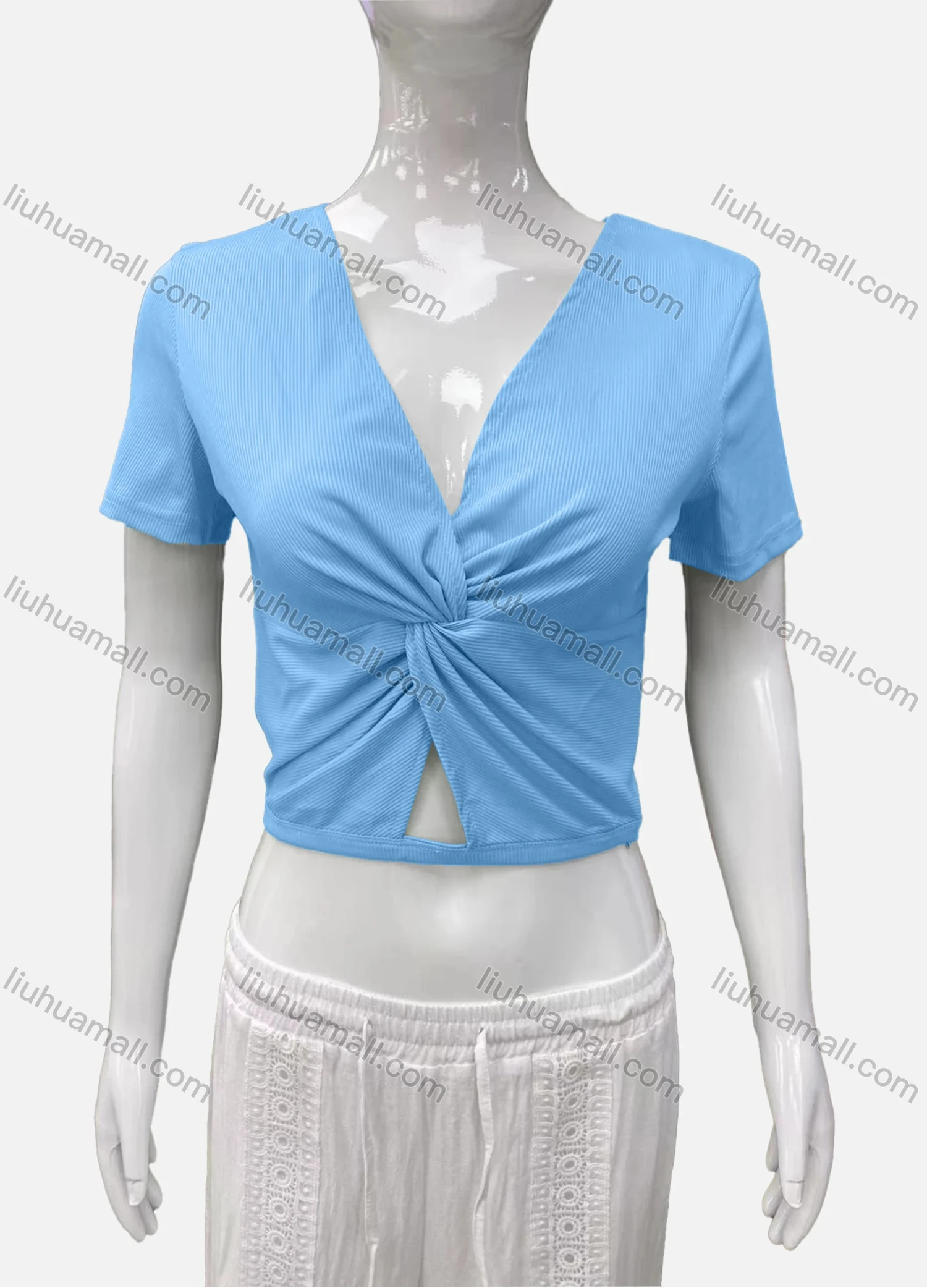 Wholesale Women's Casual V Neck Short Sleeve Twist Ribbed Plain Crop Top - Liuhuamall