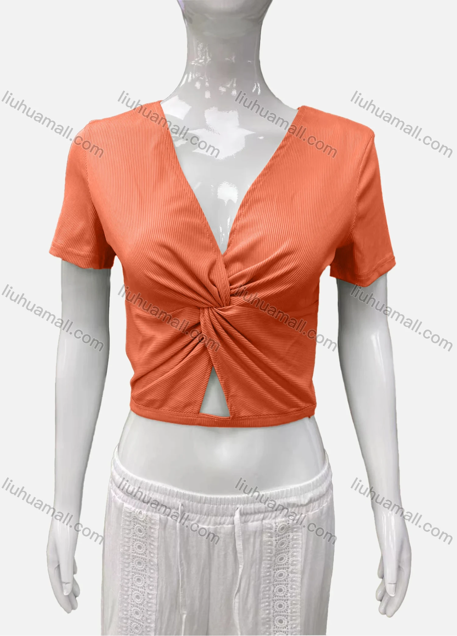 Wholesale Women's Casual V Neck Short Sleeve Twist Ribbed Plain Crop Top - Liuhuamall