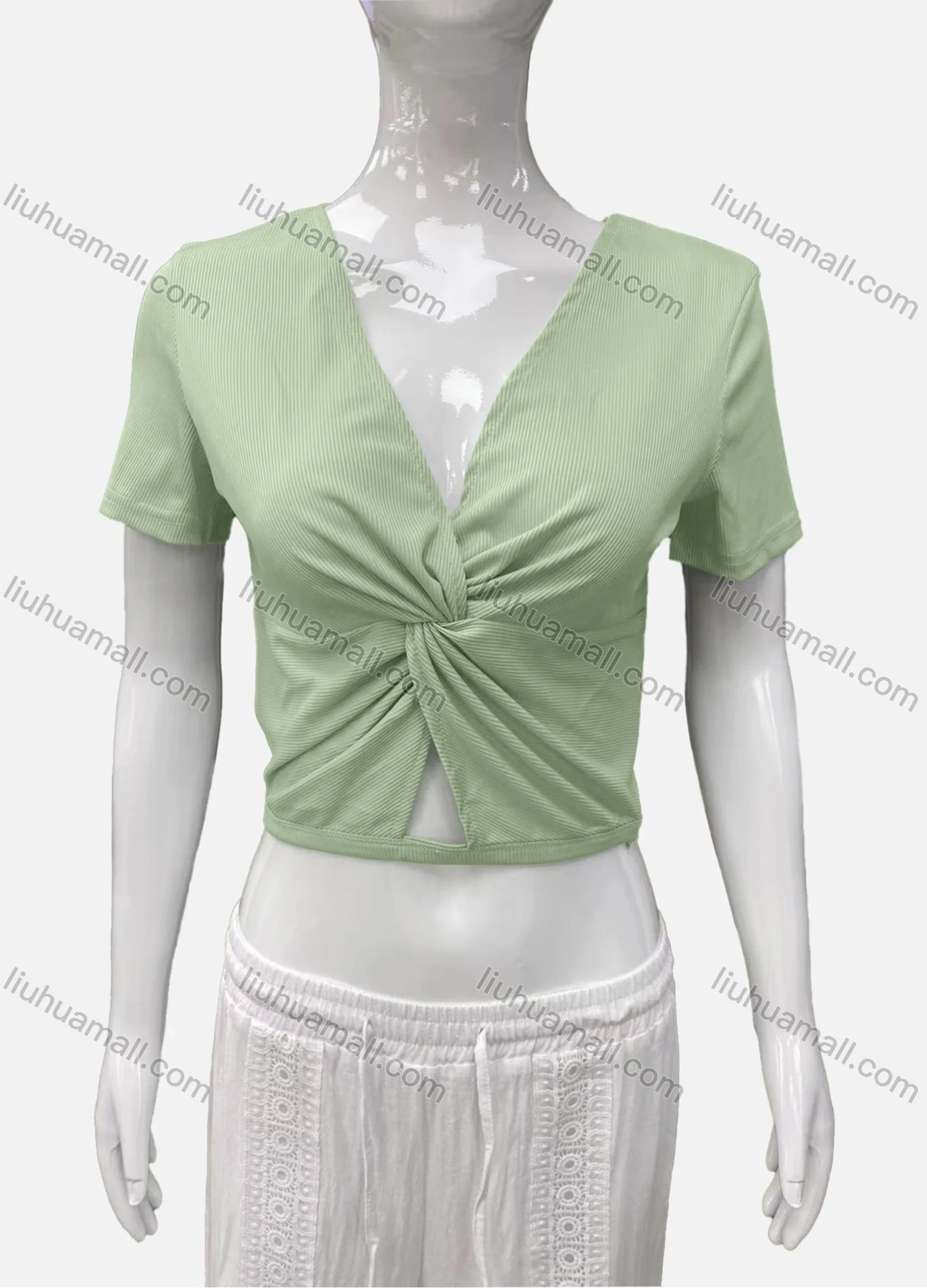 Wholesale Women's Casual V Neck Short Sleeve Twist Ribbed Plain Crop Top - Liuhuamall