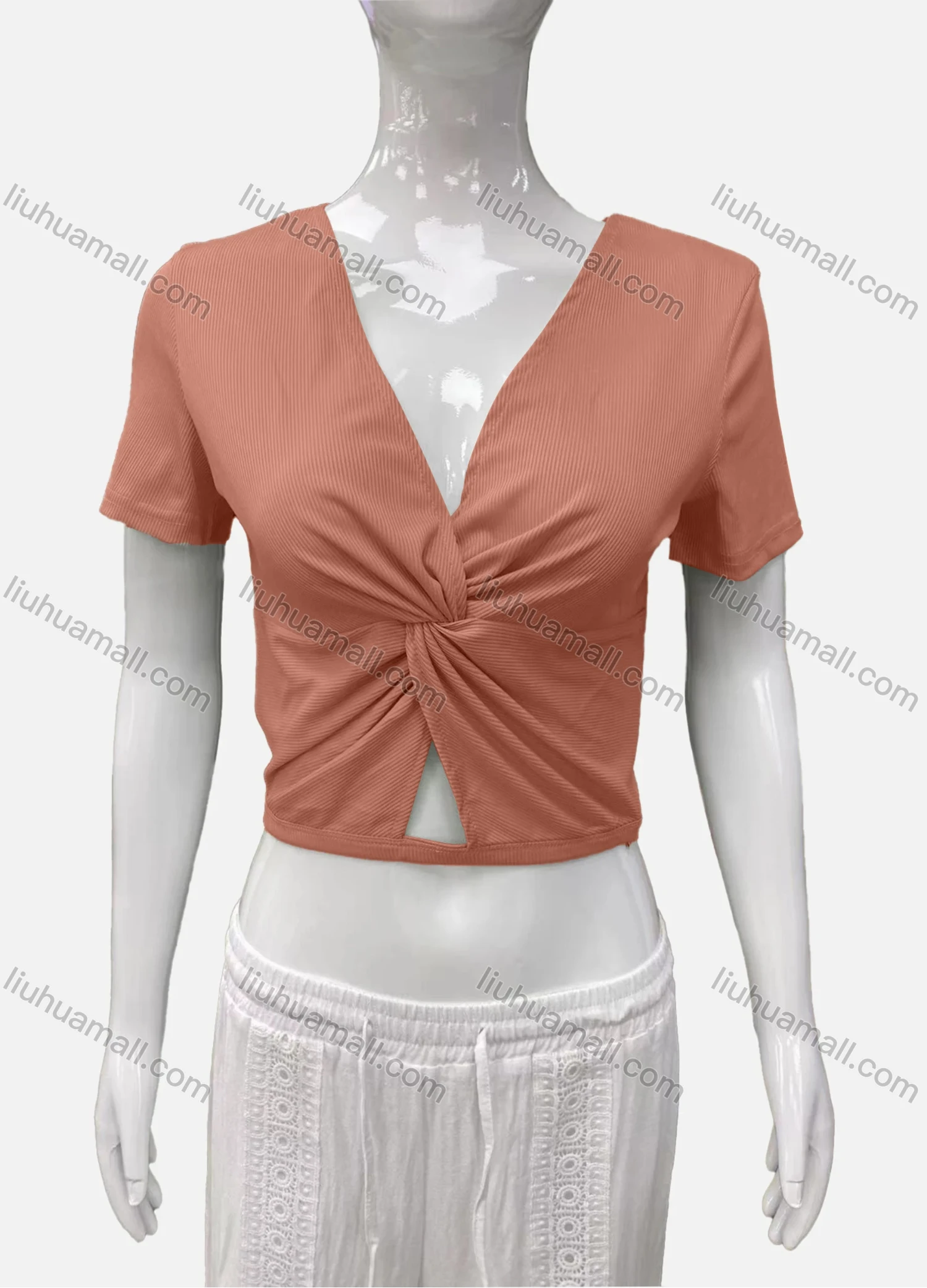 Wholesale Women's Casual V Neck Short Sleeve Twist Ribbed Plain Crop Top - Liuhuamall