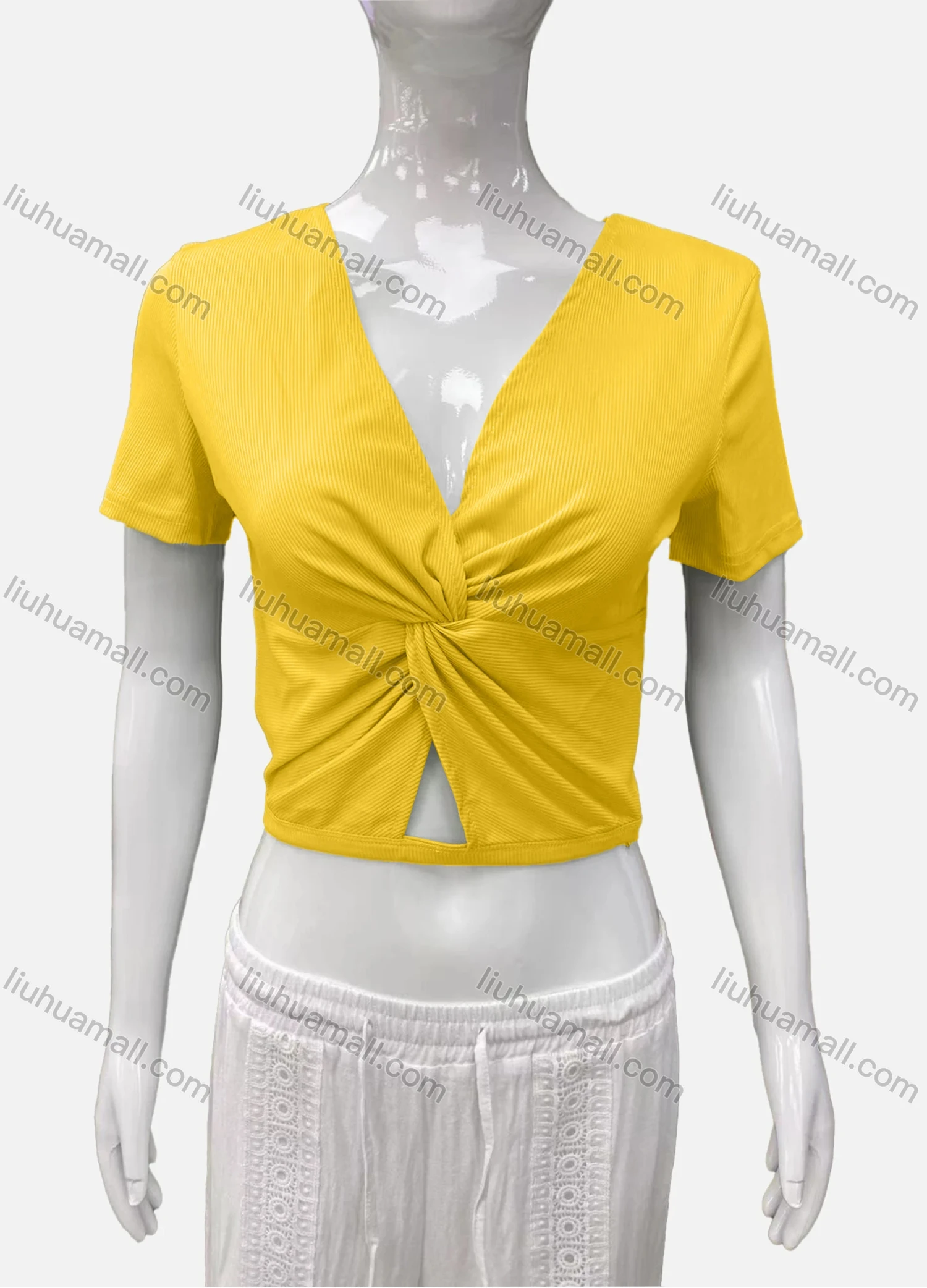 Wholesale Women's Casual V Neck Short Sleeve Twist Ribbed Plain Crop Top - Liuhuamall
