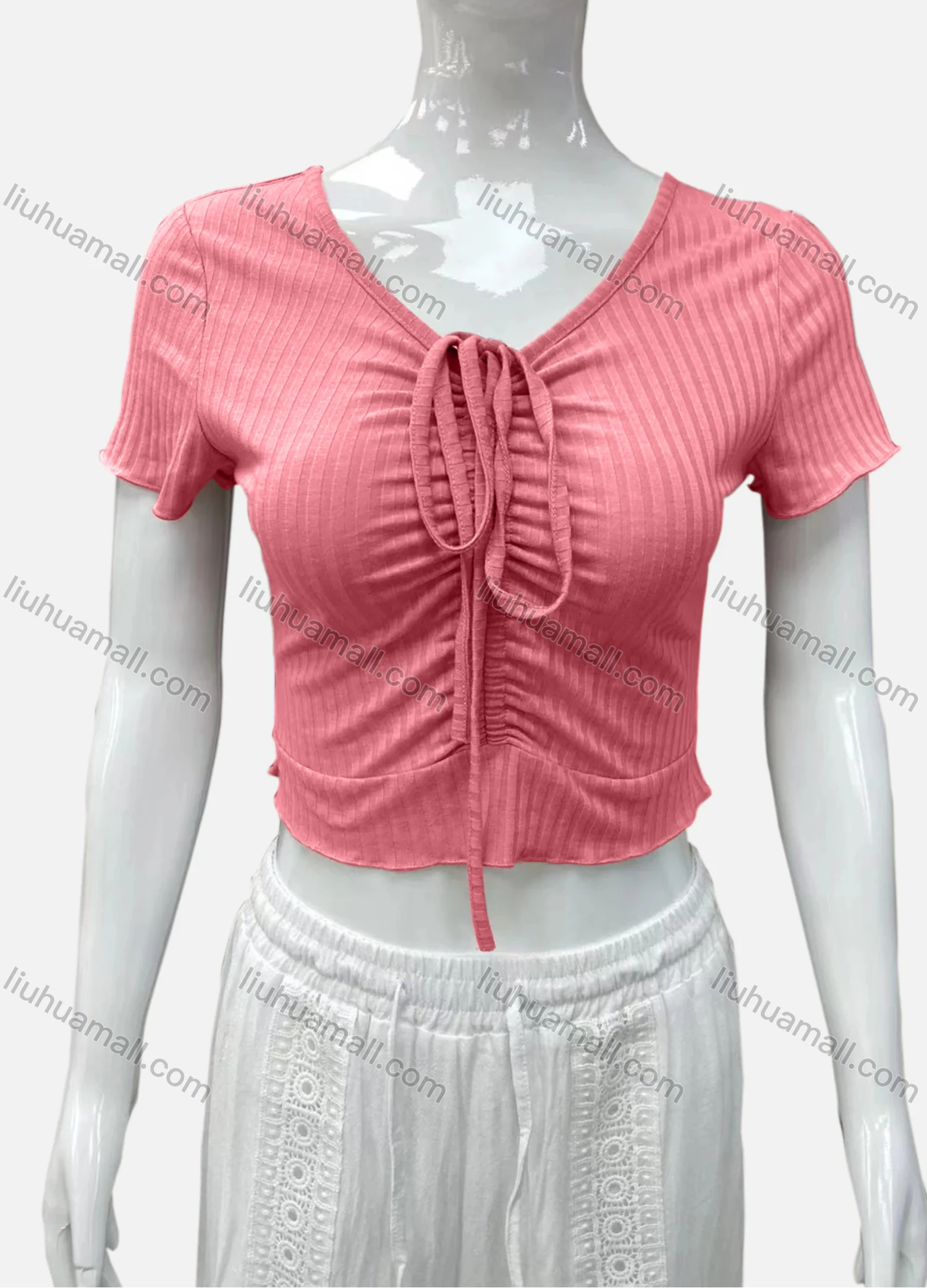 Wholesale Women's Casual V Neck Short Sleeve Drawsting Front Plain Crop Top - Liuhuamall