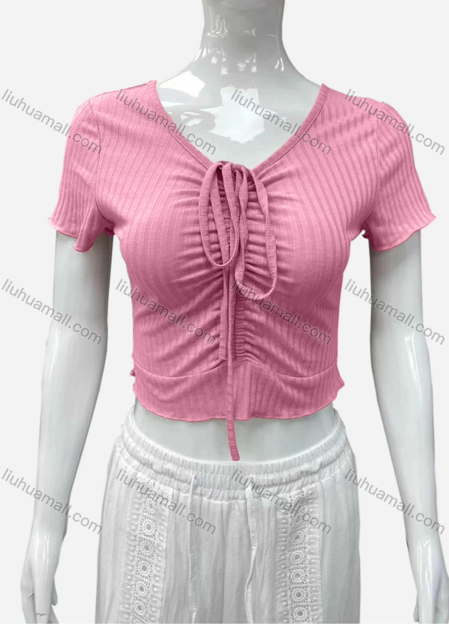 Wholesale Women's Casual V Neck Short Sleeve Drawsting Front Plain Crop Top - Liuhuamall