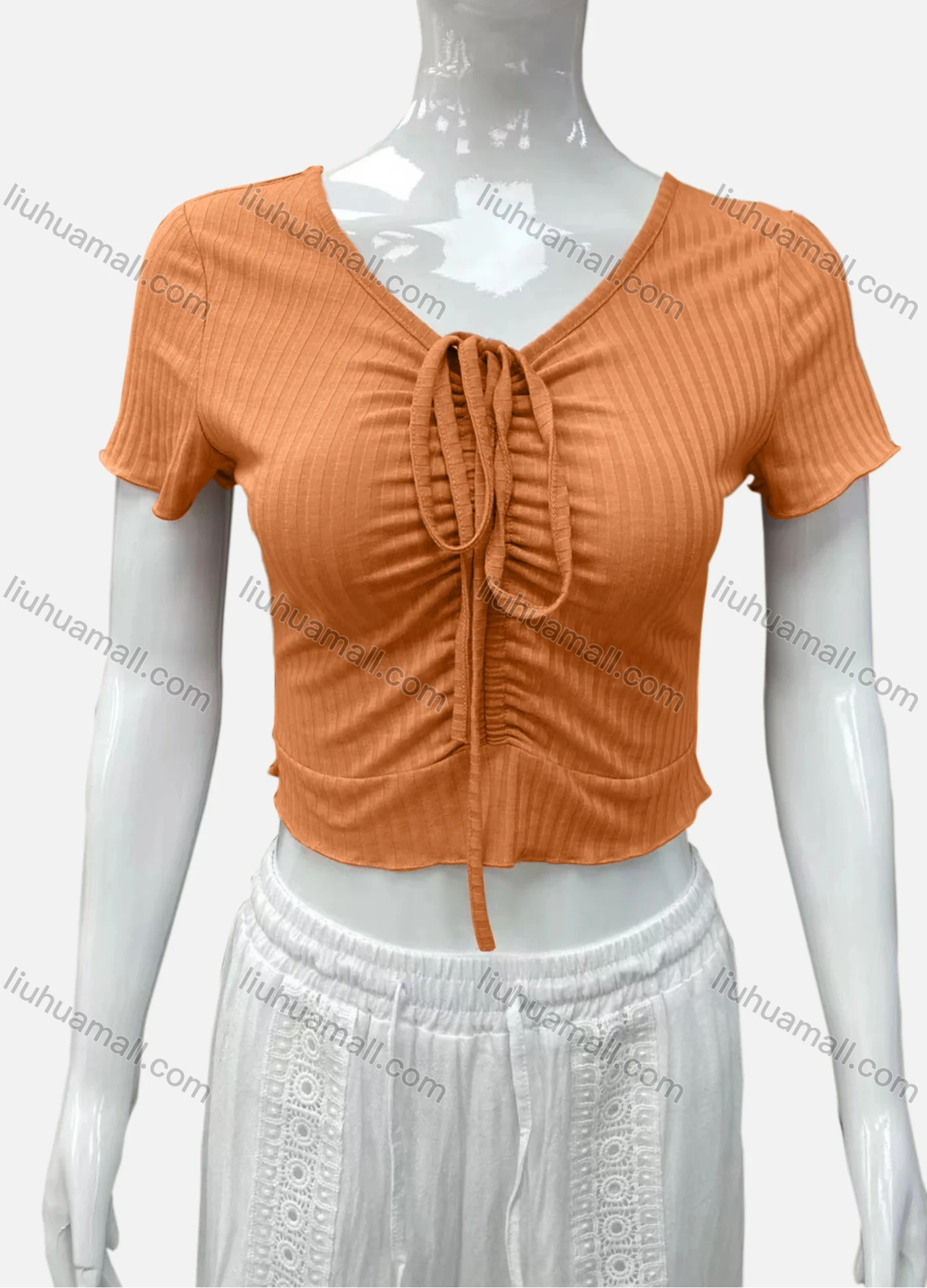 Wholesale Women's Casual V Neck Short Sleeve Drawsting Front Plain Crop Top - Liuhuamall
