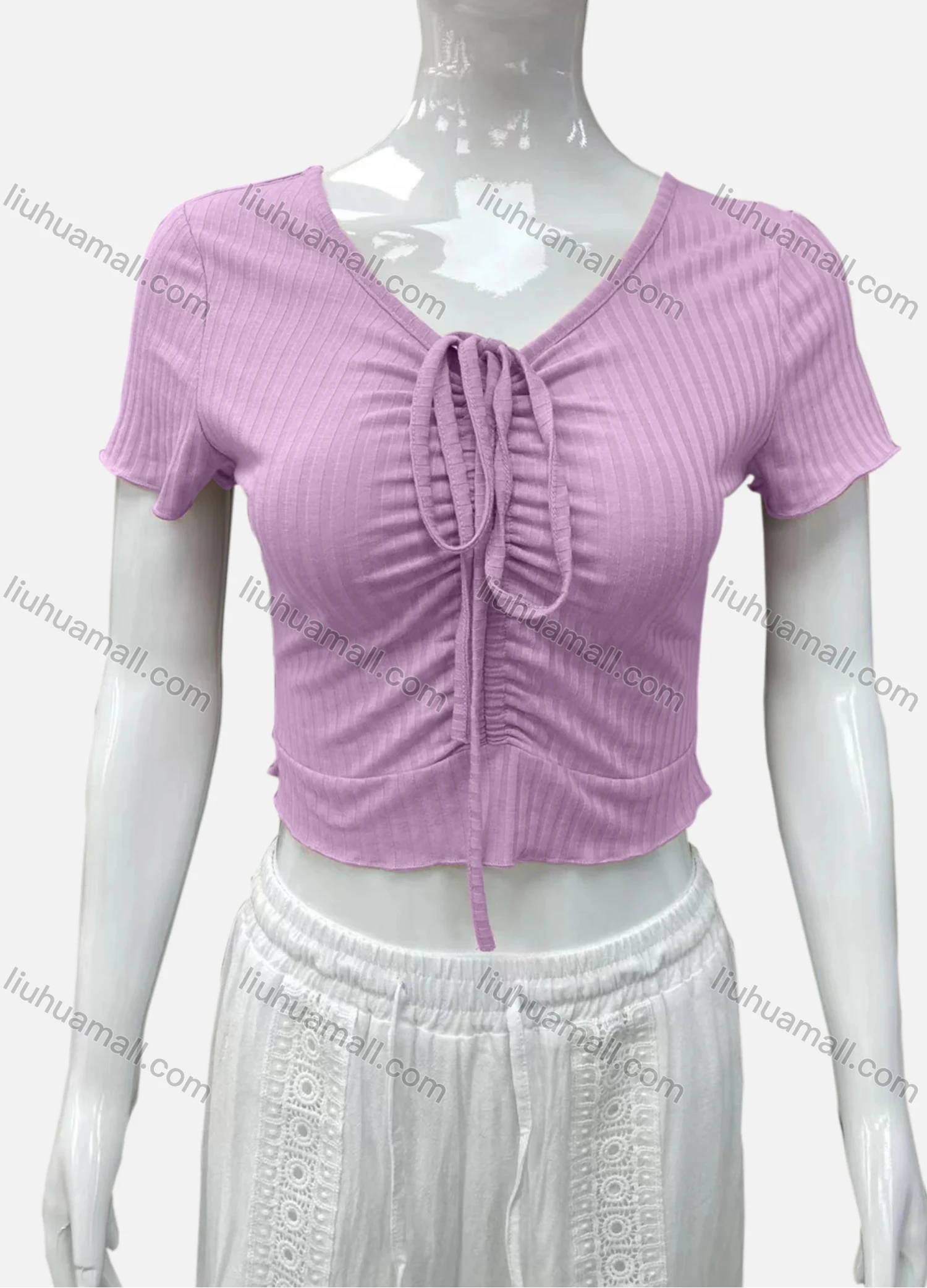 Wholesale Women's Casual V Neck Short Sleeve Drawsting Front Plain Crop Top - Liuhuamall