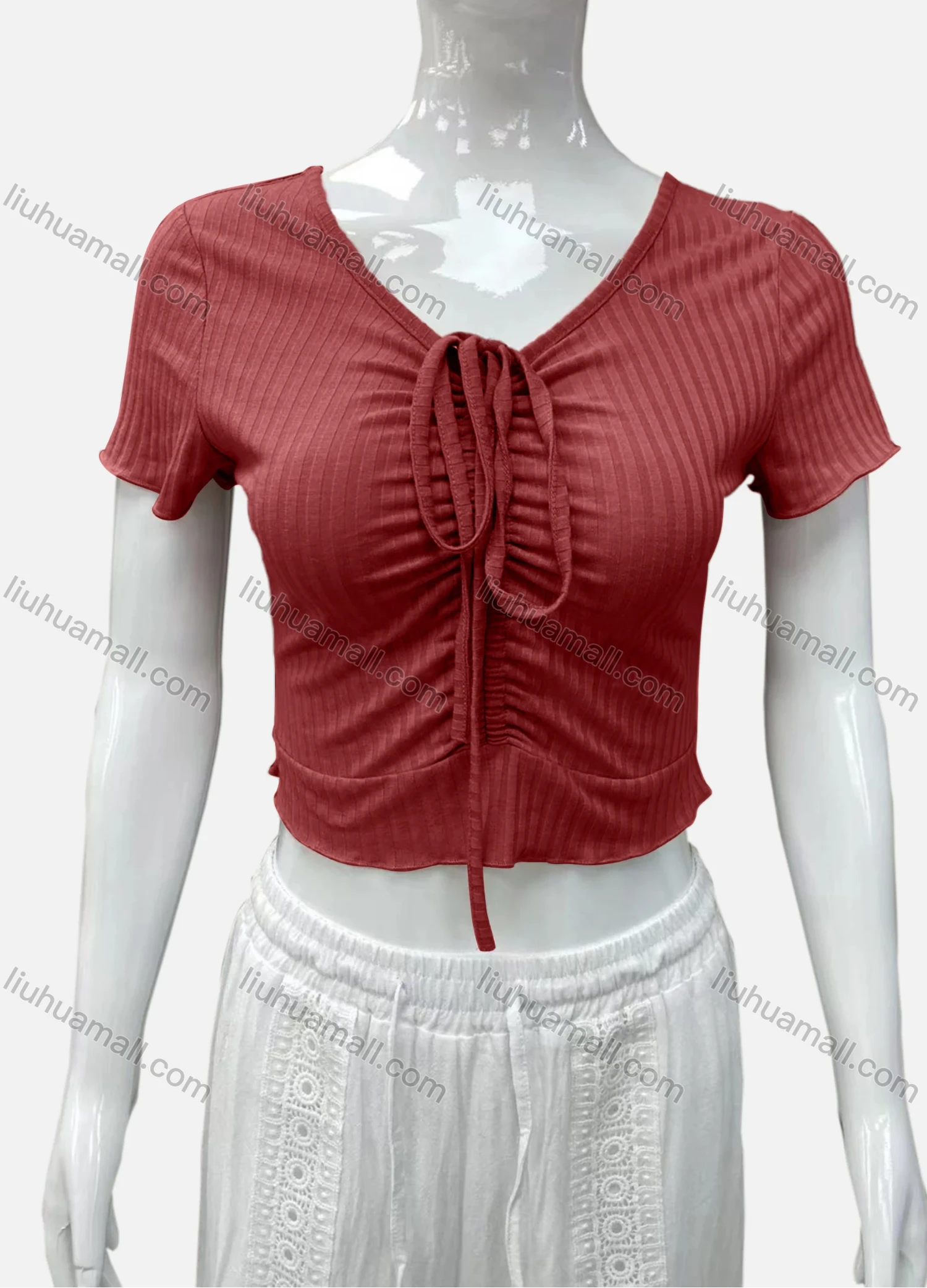 Wholesale Women's Casual V Neck Short Sleeve Drawsting Front Plain Crop Top - Liuhuamall