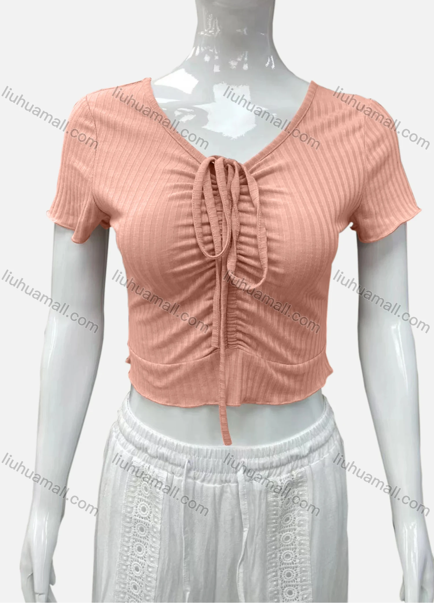 Wholesale Women's Casual V Neck Short Sleeve Drawsting Front Plain Crop Top - Liuhuamall