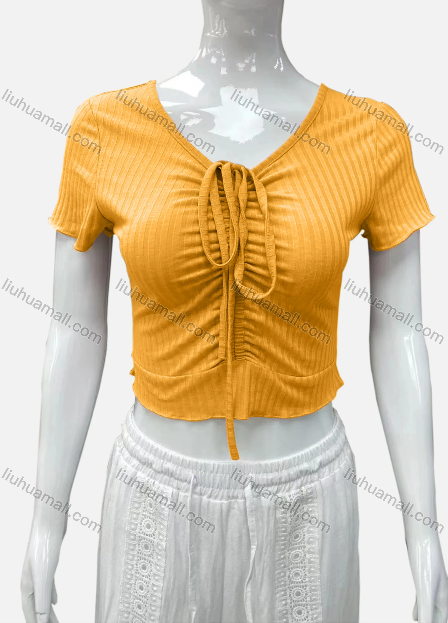 Wholesale Women's Casual V Neck Short Sleeve Drawsting Front Plain Crop Top - Liuhuamall