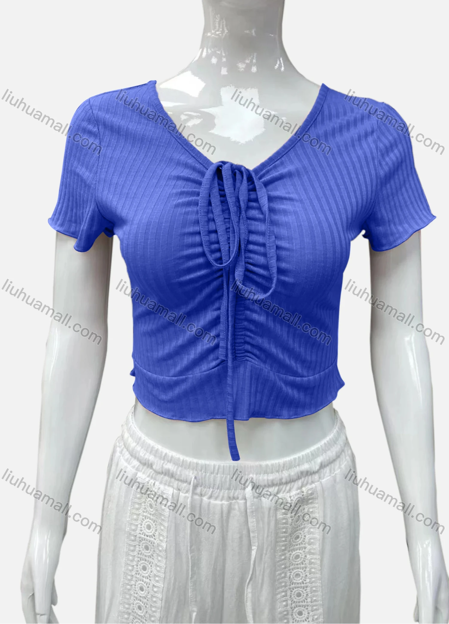 Wholesale Women's Casual V Neck Short Sleeve Drawsting Front Plain Crop Top - Liuhuamall