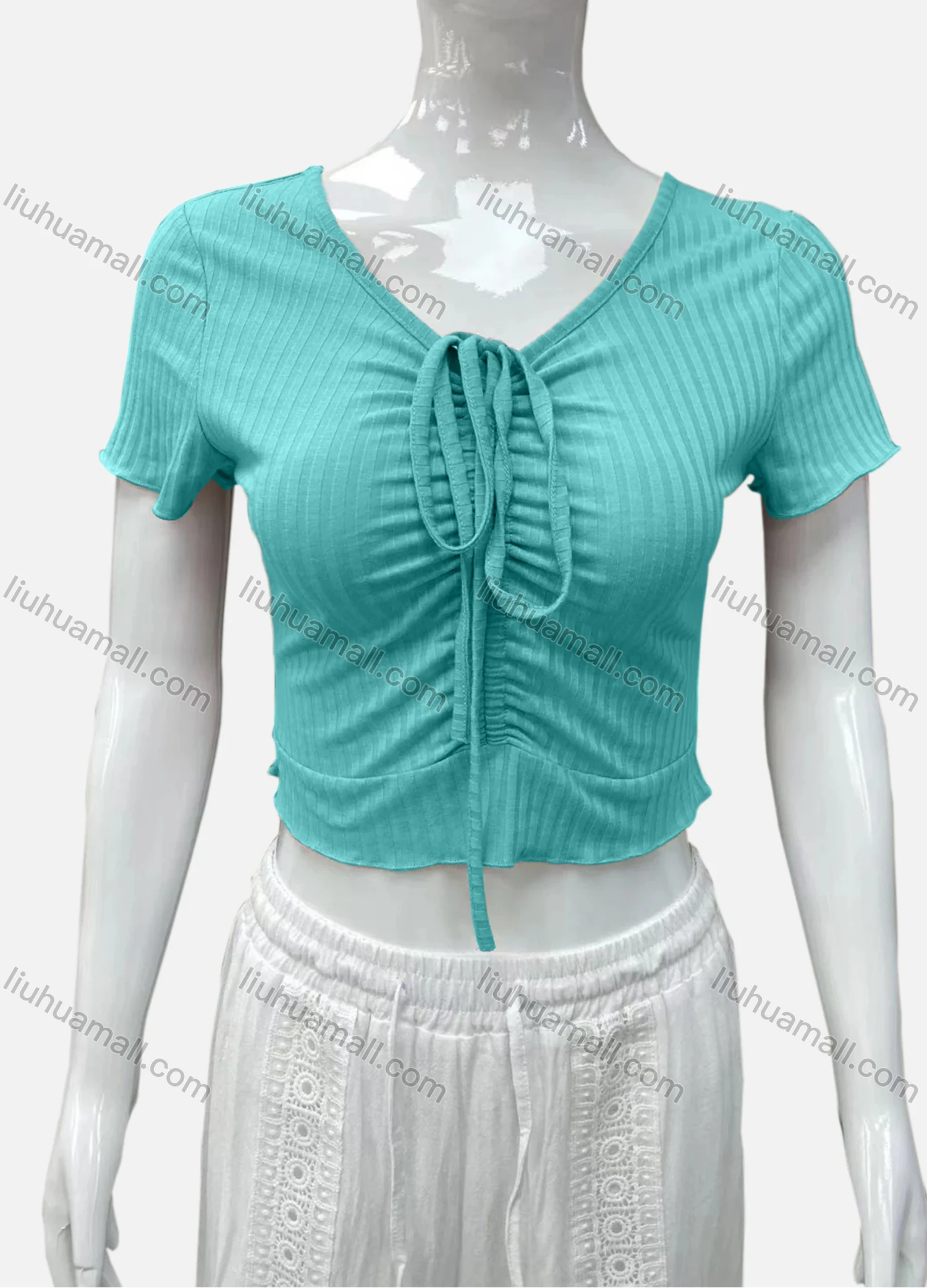 Wholesale Women's Casual V Neck Short Sleeve Drawsting Front Plain Crop Top - Liuhuamall