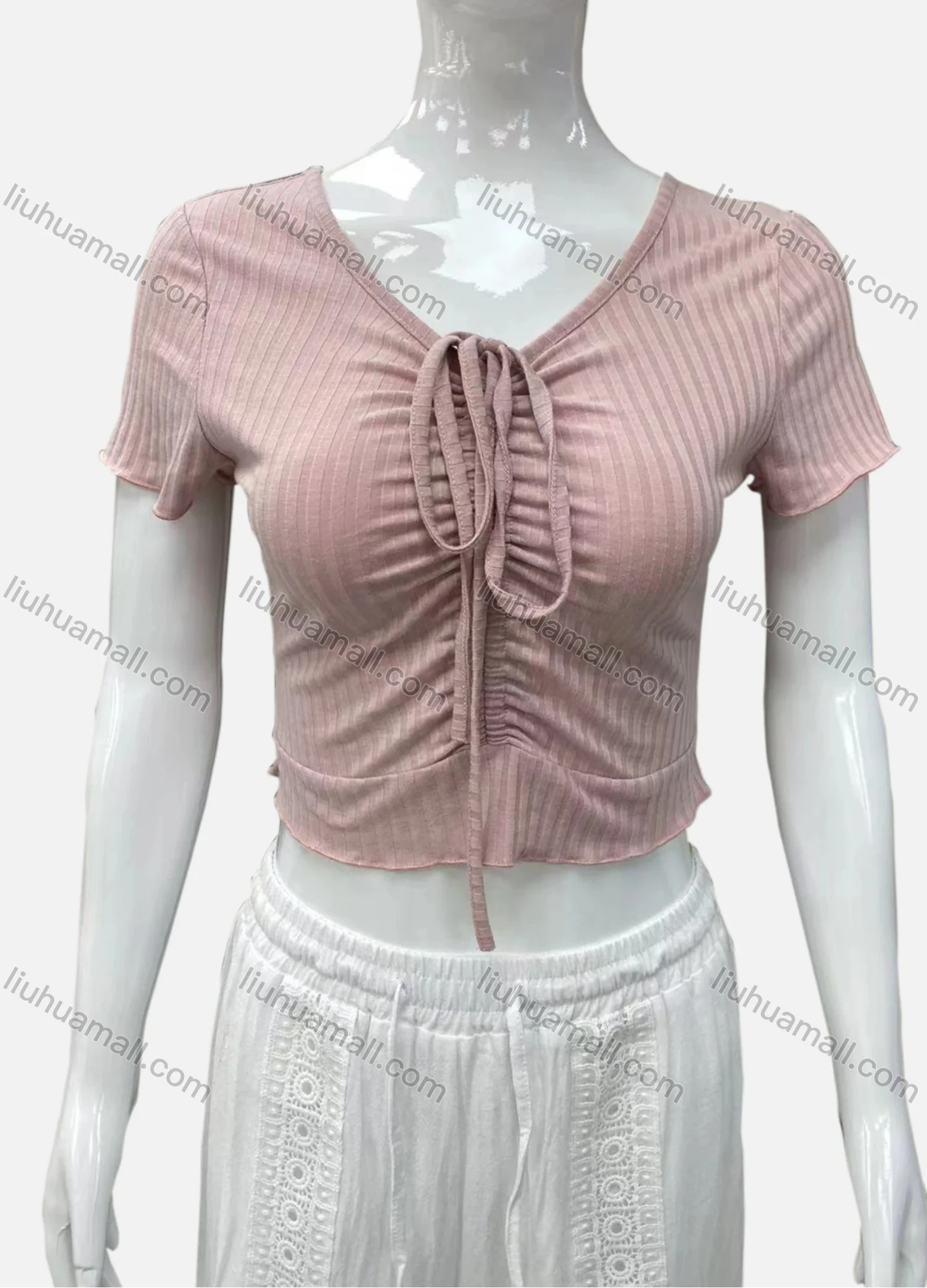 Wholesale Women's Casual V Neck Short Sleeve Drawsting Front Plain Crop Top - Liuhuamall